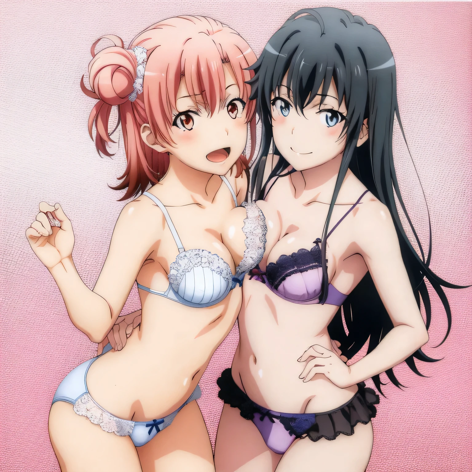 2 girls , Yukinoshita Yukino , Yuigahama Yui has well-shaped breasts.. , waltz dance , In underwear,pink silk panties,white silk panties,high angle,