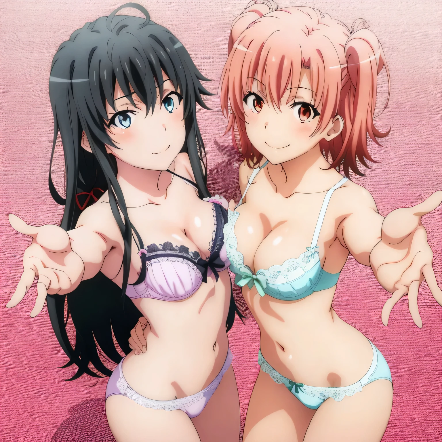 2 girls , Yukinoshita Yukino , Yuigahama Yui has well-shaped breasts.. , waltz dance , In underwear,pink silk panties,white silk panties,high angle,