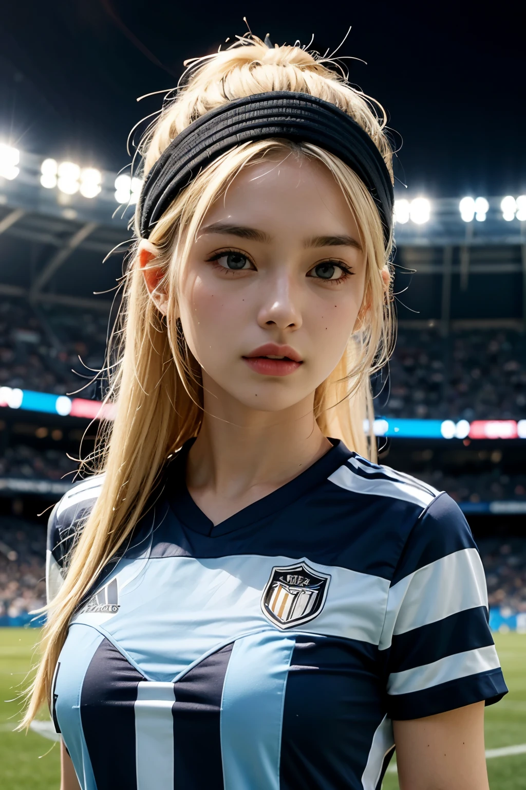 Highest quality,masterpiece:1.3,Ultra-high resolution),(Very detailed,Caustics,8K),(Realistic:1.4,RAW shooting),Wearing a high school jersey、American Girl,smile,18-year-old,Blonde Hair Color、American eyes、Semi-long haircut,Looking into the camera,School playground、Waist up shot,front,Face Focus,Face close-up,(Warm Light),Professional Writing、Stretching exercises