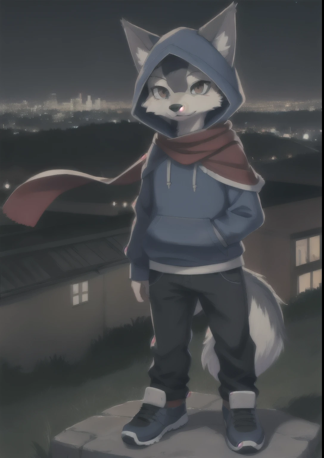 a full body, anthropomorphic wolf ??? wearing a blue hoodie, pants and a red scarf aaround the neck, cute face , posing for a picture in a hill at night with a city in the distance