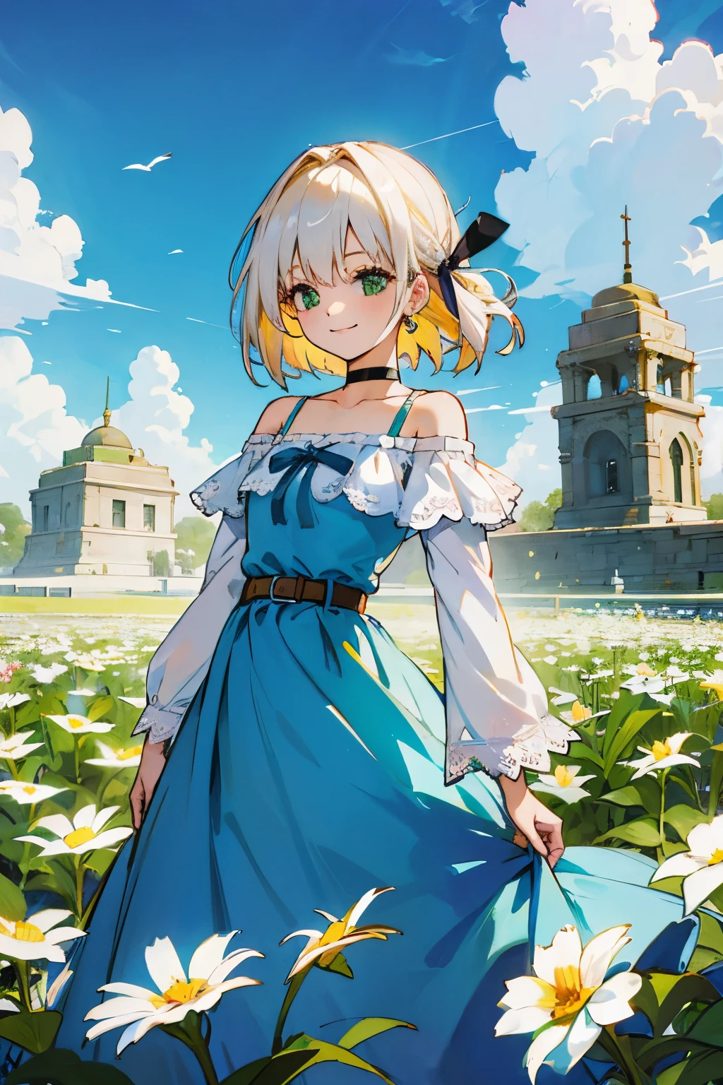 1 girl, white gold hair, green eyes, fantasy world, ruins, folk, beautiful sky, shining sky, sunshine, flower garden, smiling, belt, ribbon choker, black choker, ribbon, wind blowing dress, lace dress, blue camisole, white sweater, half-sleeves, off-shoulder sleeves