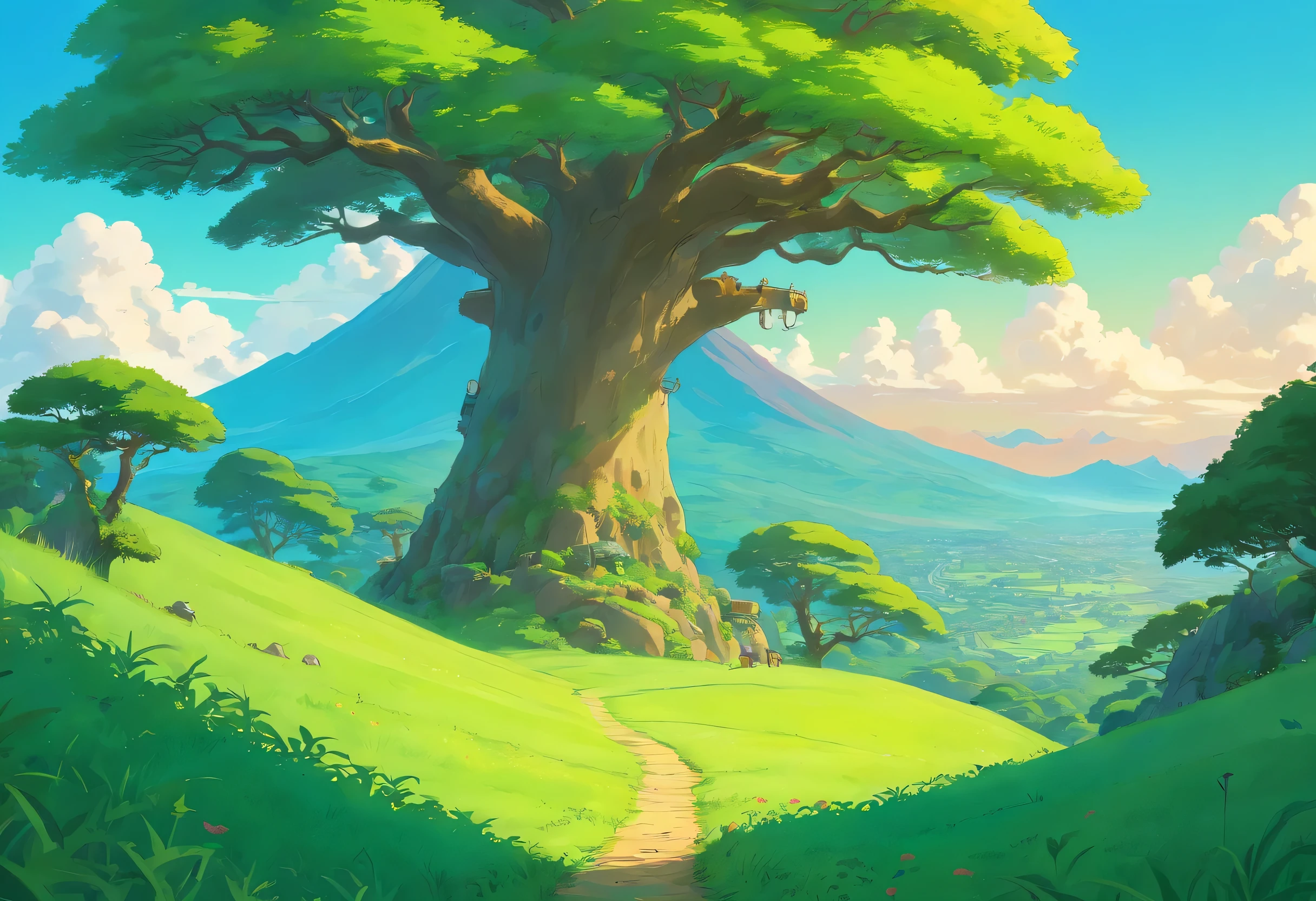 Green savana, tree in the middle, there are mountain, warm vibes, 4K
