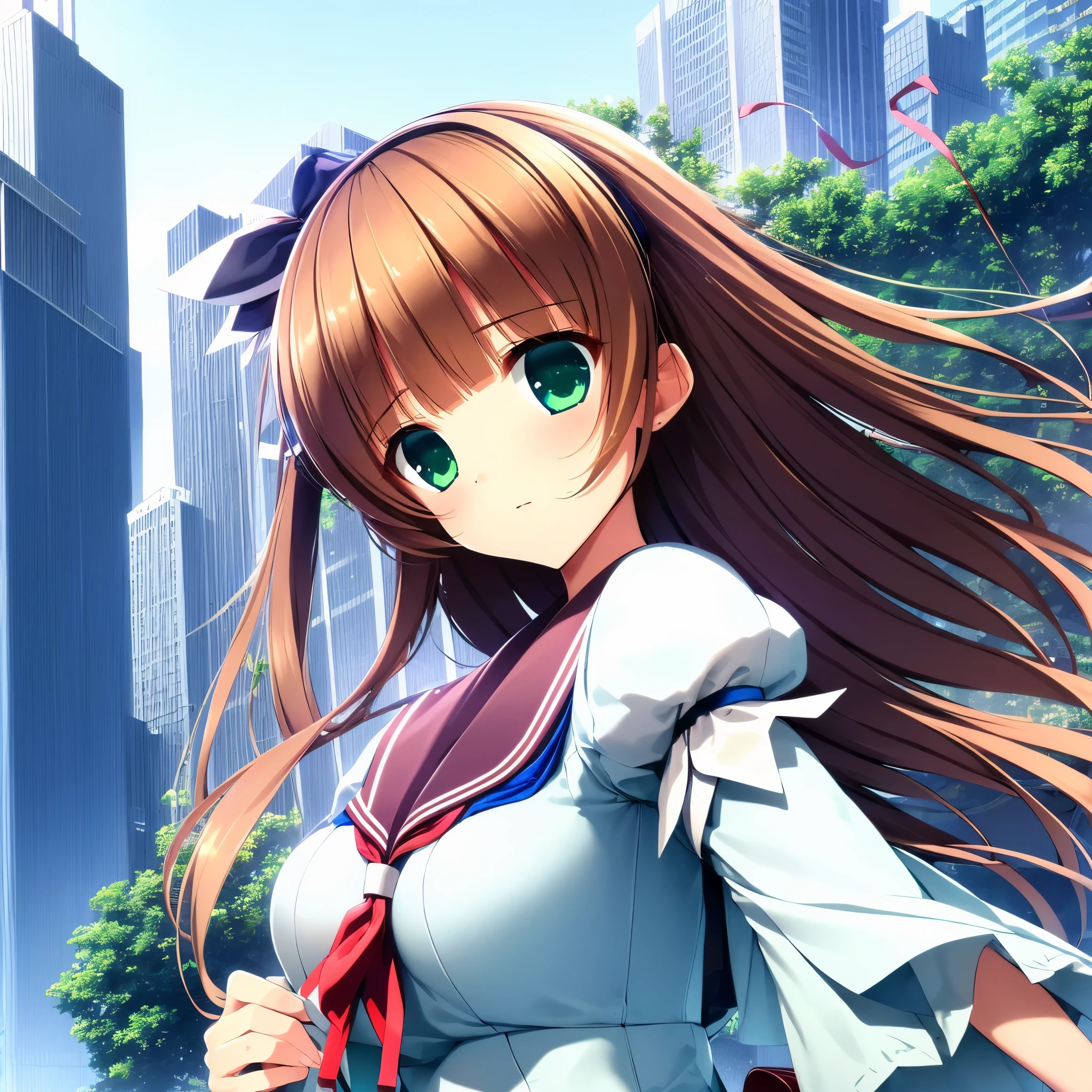 (best quality,4k,highres),ultra-detailed,realistic,portraits, Japaneese school girl, green eyes, long brown hair,anime style,futuristic, Frutiger Aero aesthetic, eco- modernism, bokeh, ribbon headband,small breast,futuristic sailor lolita dress,puffy sleeves,white and blue,colorful lighting, red ribbon, navy blue pantyhose, school shoes, school bag, school crest, floating bubbles, standing in a green field with futuristic skyscrapers in the background, tertiary colors, highly detailed, 4K.