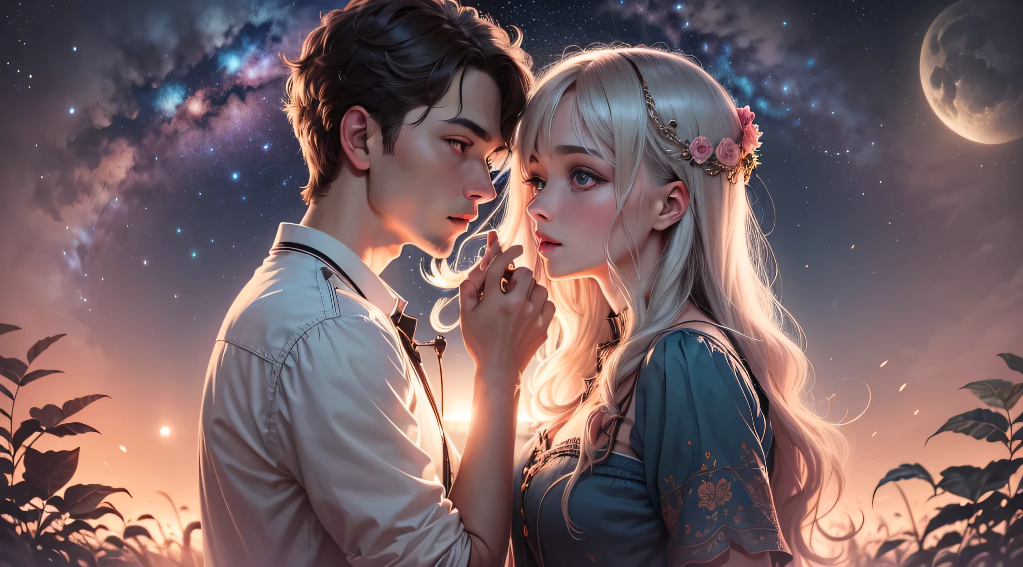 (couple, gaze at the stars, dreamy atmosphere, celestial beauty, sparkling night sky)