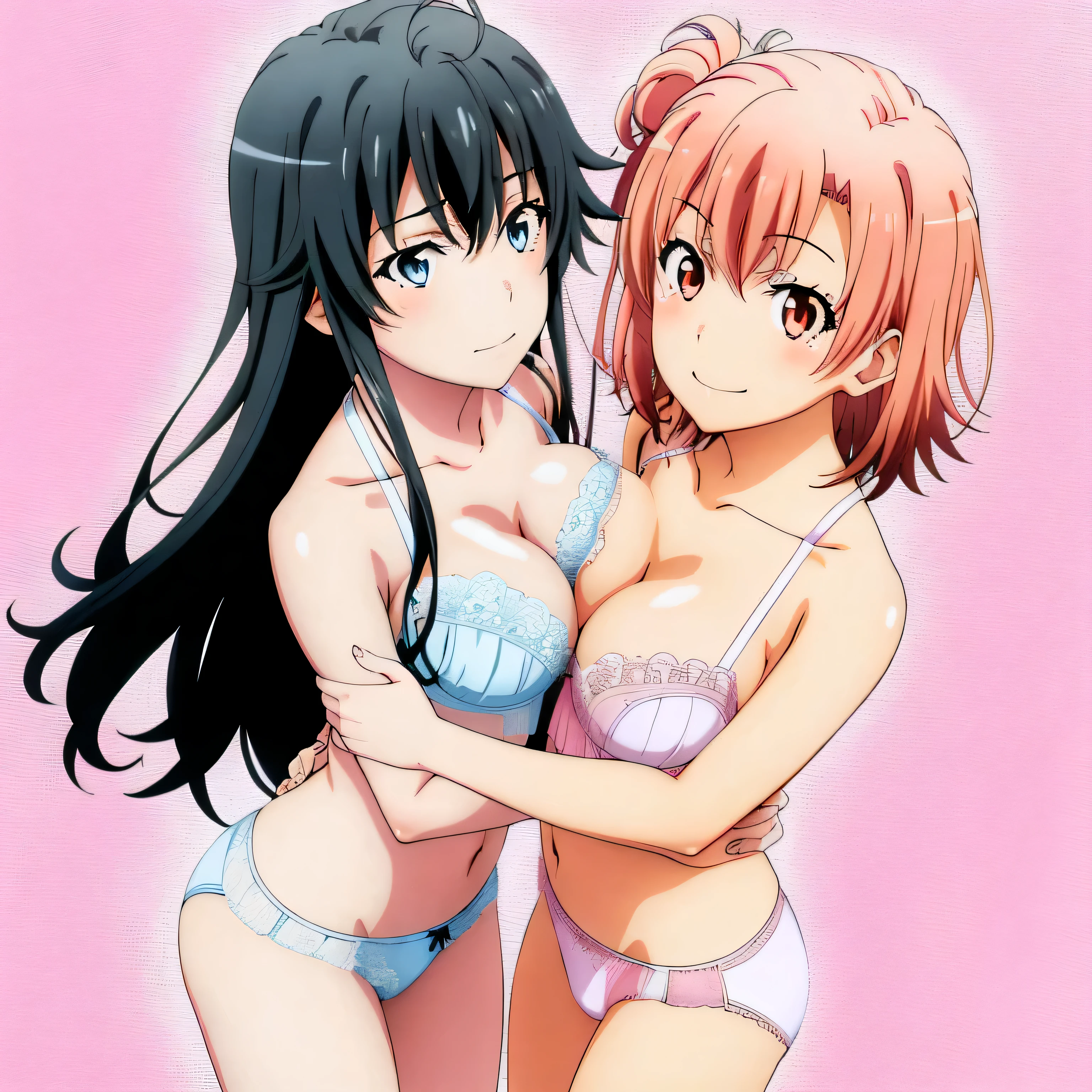 2 girls , Yukinoshita Yukino , Yuigahama Yui has well-shaped breasts.. , waltz dance , In underwear,pink silk panties,white silk panties,high angle,