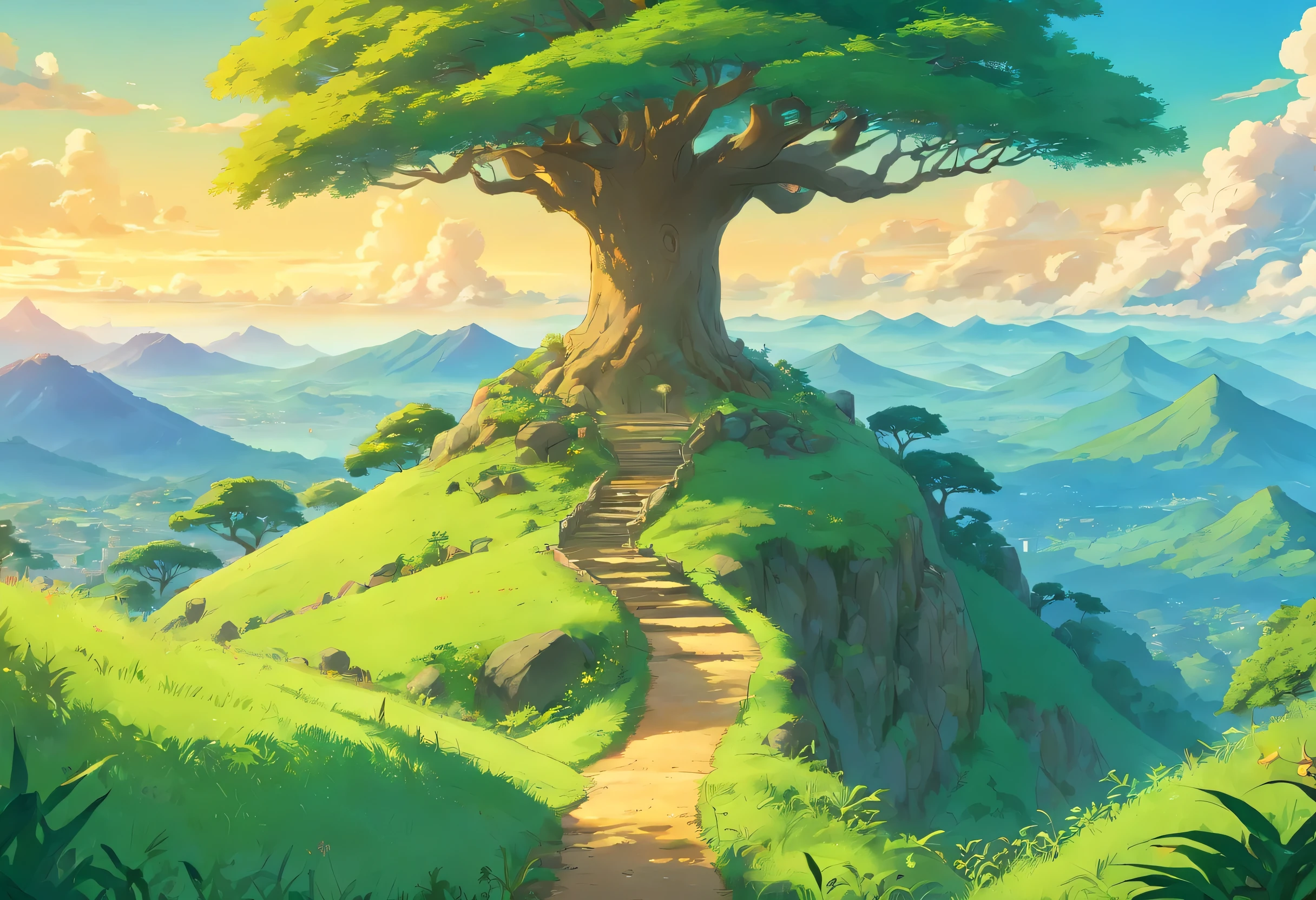 Green savana, tree in the middle, there are mountain, warm vibes, 4K