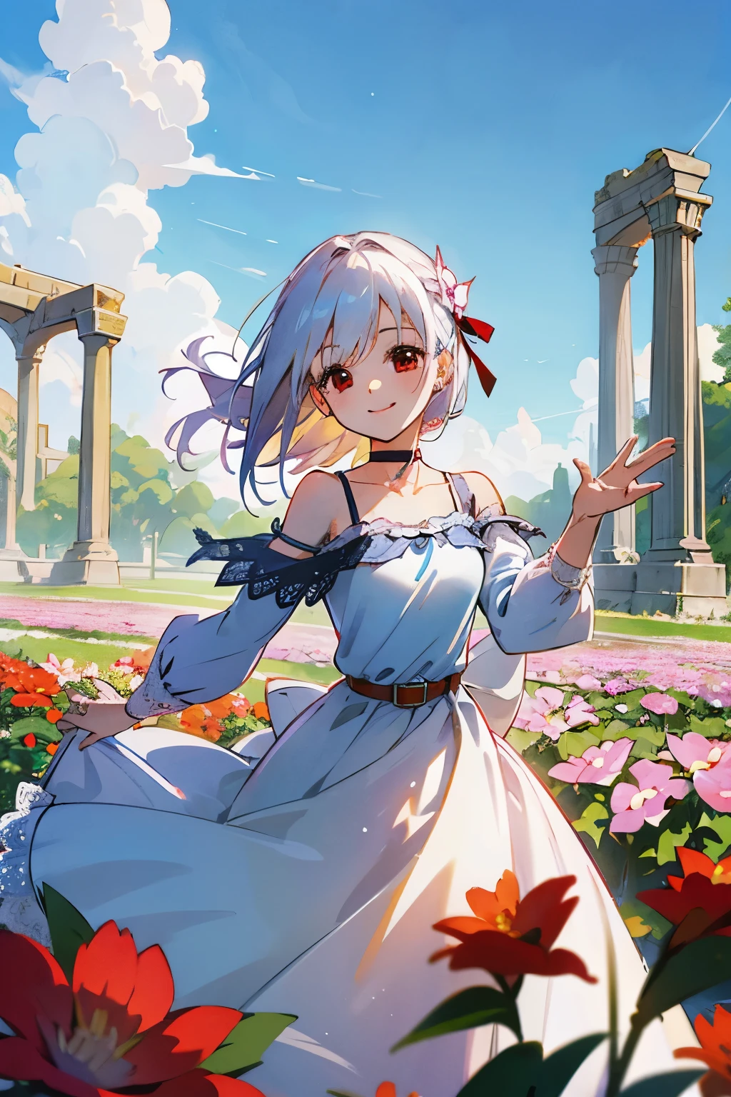 1 girl, white gold hair, red eyes, fantasy world, ruins, folk, beautiful sky, shining sky, sunshine, flower garden, smiling, waving, belt, ribbon choker, black choker, ribbon, wind blowing dress, lace dress, blue camisole, white sweater, half-sleeves, off-shoulder sleeves
