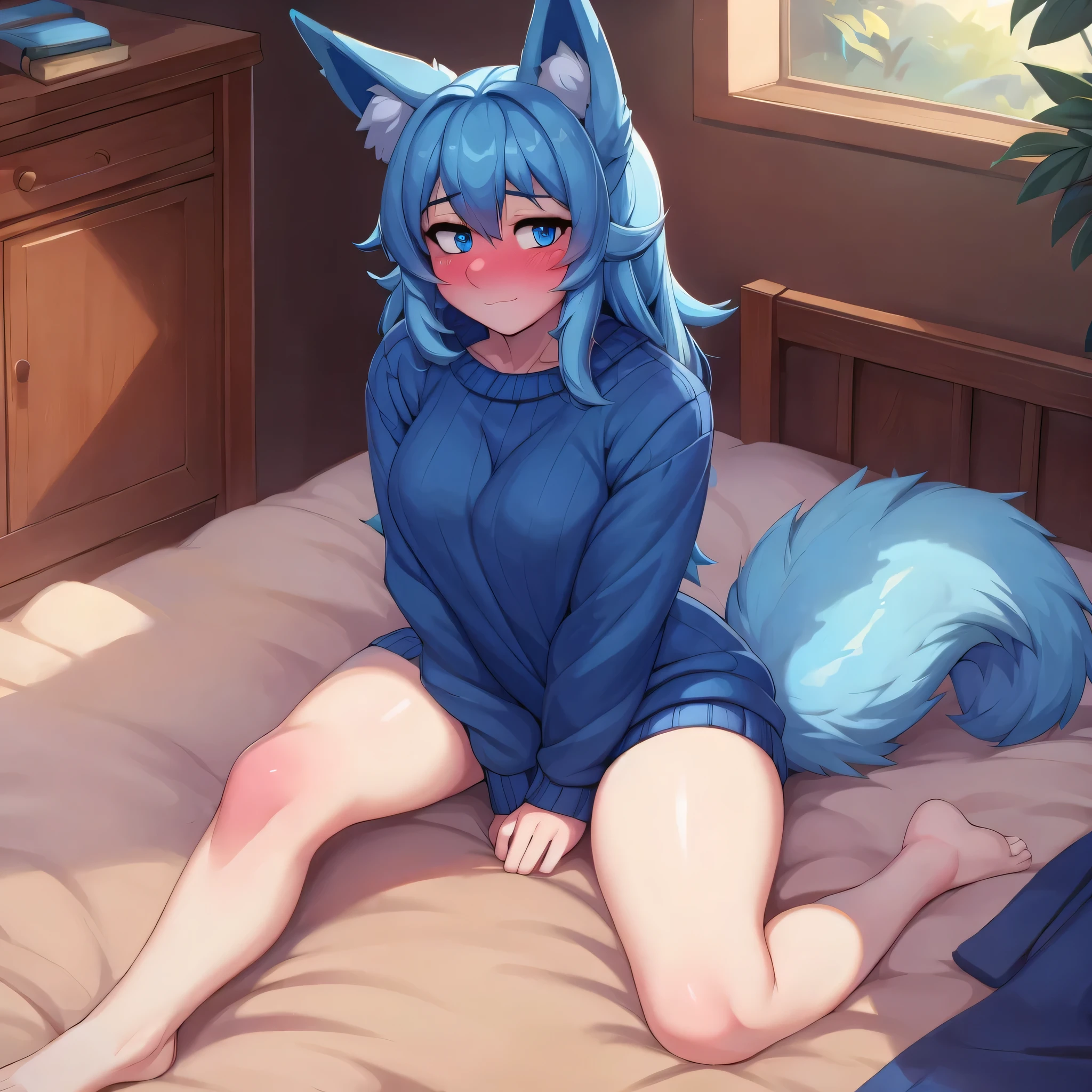 (Masterpiece) (High Detail) (High Res) A Short Humanoid Girl with pale skin and blue eyes and long blue hair and blue dog ears and a fluffy blue dog tail and medium breasts. She is laying on on a bed and is wearing an oversized navy sweater and is sat on the floor looking up at the viewer. She is blushing in the cheeks and looks shy.