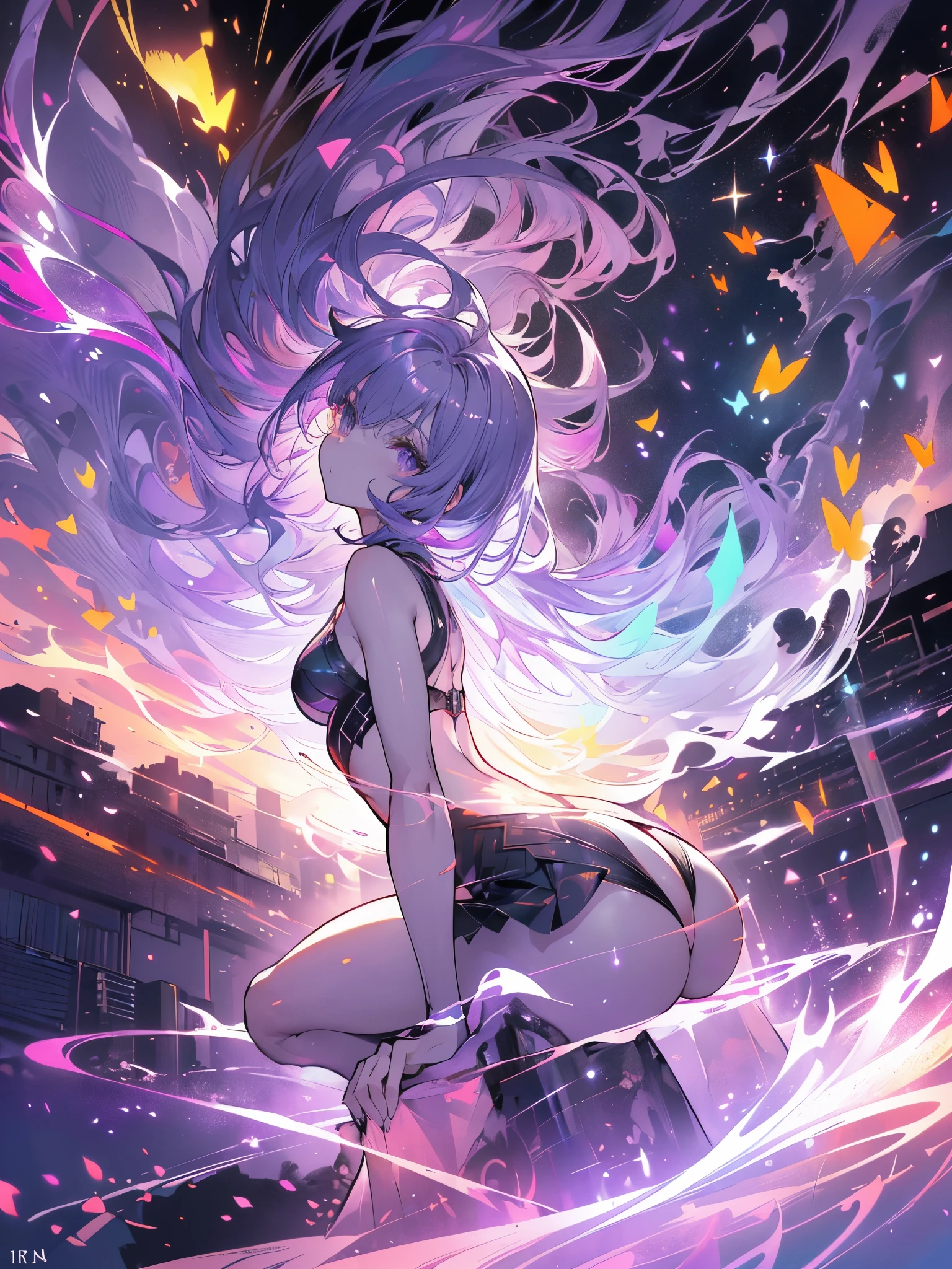 elegant girl, sitting in a badass pose, (((there is smoke around her, purple and black smoke, in a circle))), short bob hair, white hair, fireflies and cherry blossoms, (((small breasts, big ass, thick muscle thigh))), low light gradient, {extremely detailed 16k CG unit wallpaper}, expansive landscape photography, (a low view with focus on the scenery), (wide view of open field), ( low angle photo), (high light: 1.2), (low light: 1.2), (warm light source: 1.2), complex details, (iridescent colors: 1.5), (bright lighting), (atmospheric lighting), Dreamy , single,
