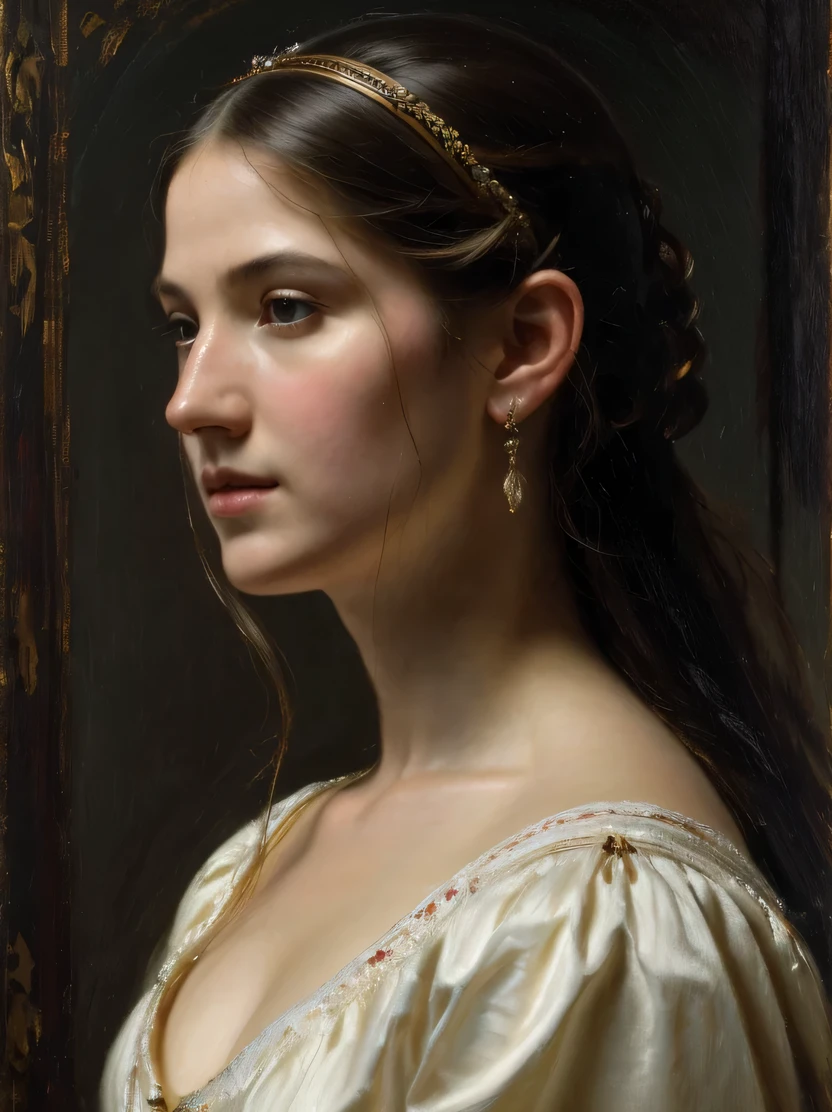 A painting of a woman with a gold headband in a white dress - SeaArt AI