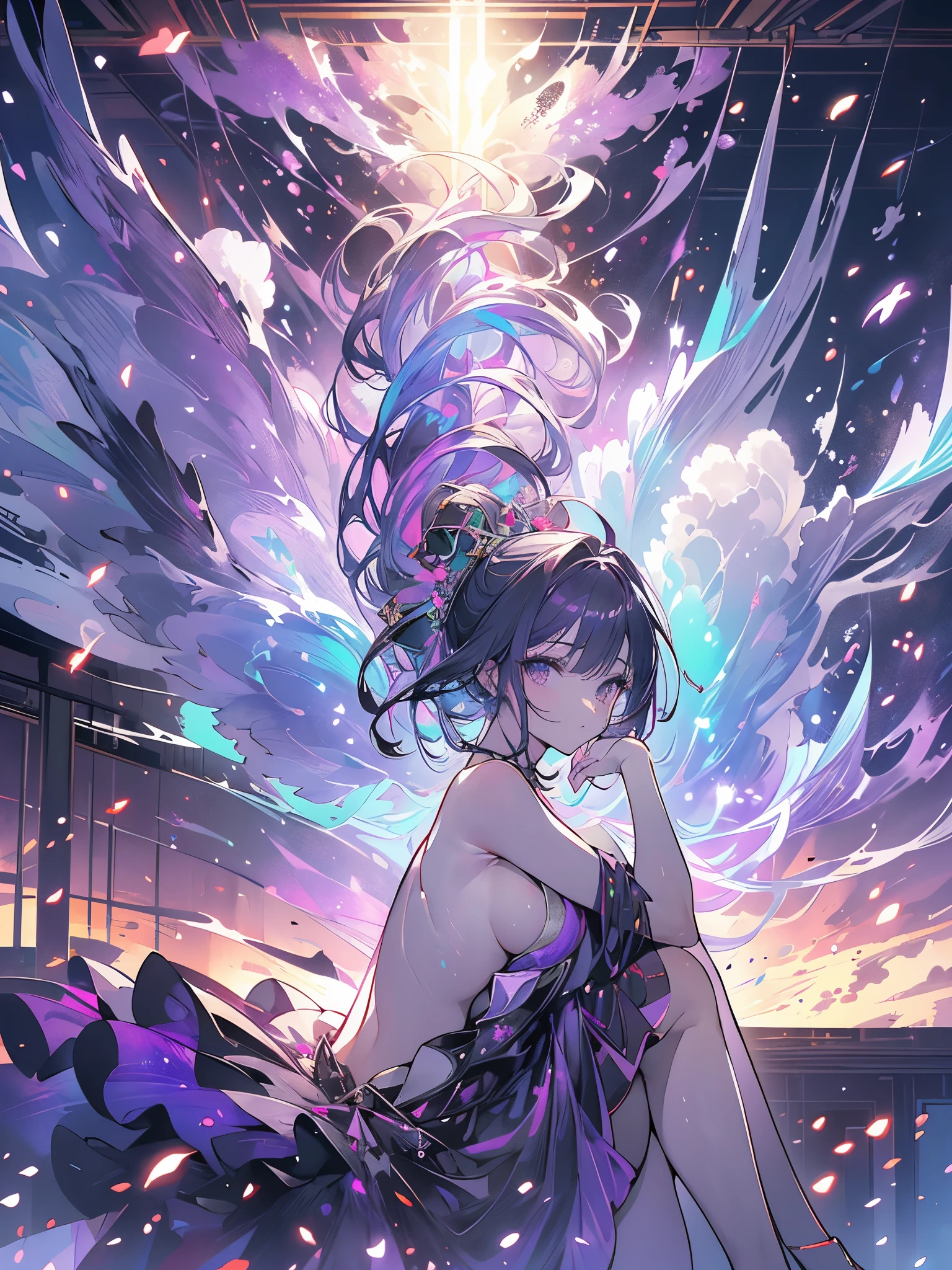 elegant girl, sitting in a badass pose, (((there is smoke around her, purple and black smoke, in a circle))), short bob hair, white hair, fireflies and cherry blossoms, (((small breasts, big ass, thick muscle thigh))), low light gradient, {extremely detailed 16k CG unit wallpaper}, expansive landscape photography, (a low view with focus on the scenery), (wide view of open field), ( low angle photo), (high light: 1.2), (low light: 1.2), (warm light source: 1.2), complex details, (iridescent colors: 1.5), (bright lighting), (atmospheric lighting), Dreamy , single,
