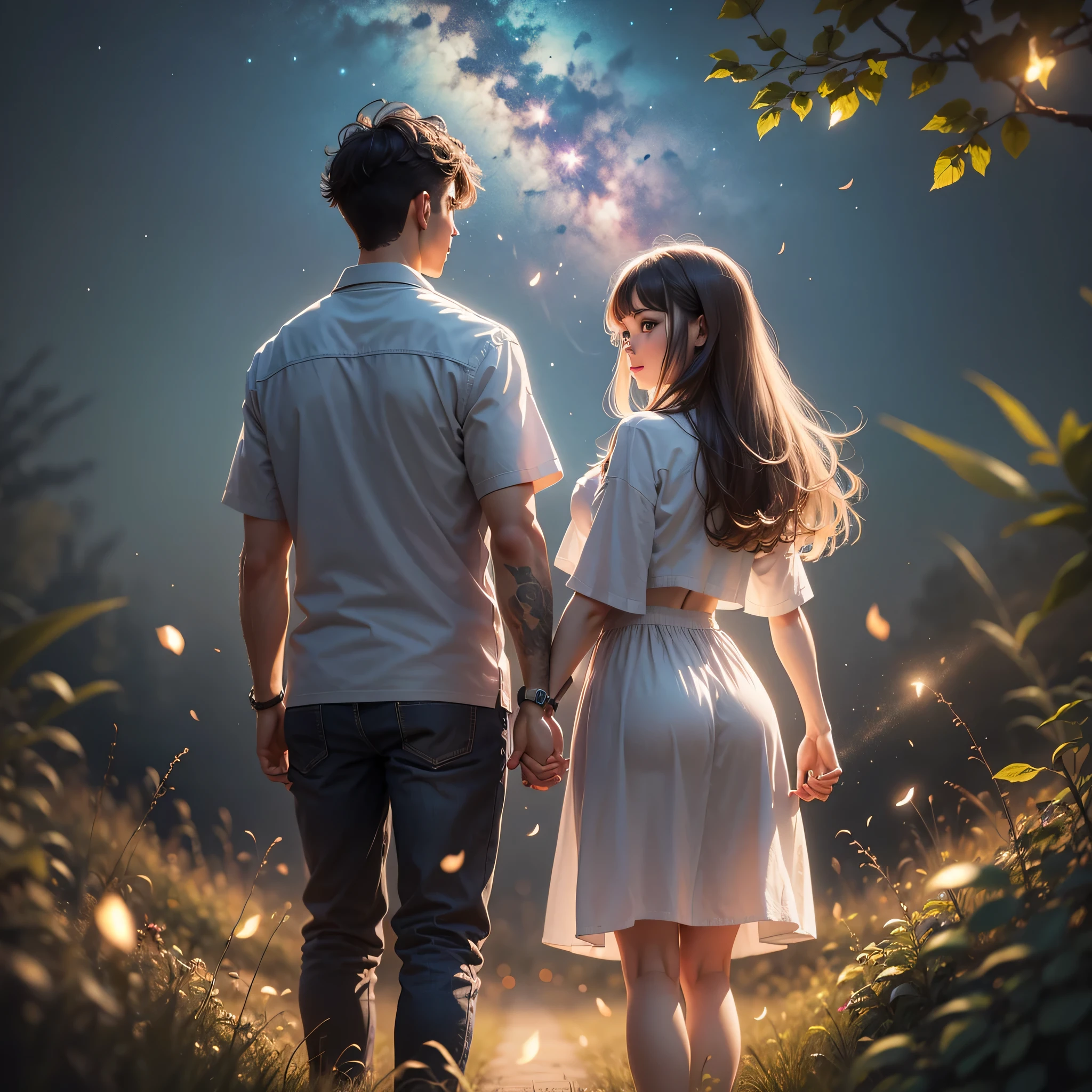 25-year-old boy and girl holding hands,standing in the short grass, perfect body, beautiful face, night, ultra high quality, fireflies, magical, mysterious, love, romantic, photorealistic, silhouette, ultra HD, fireflies in the background,  