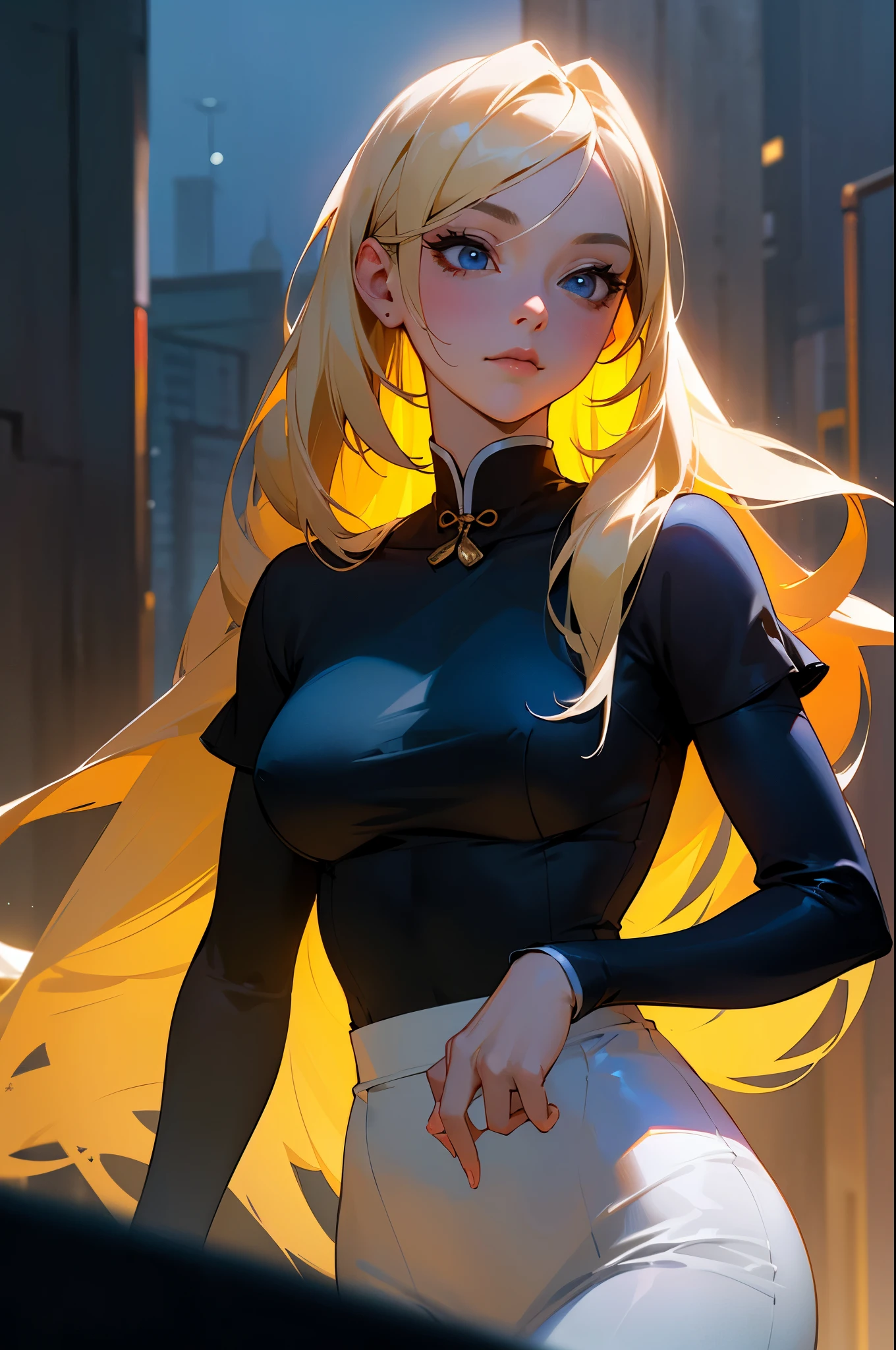 A finely detailed, ((8K quality,
masterpiece)), it shows a (((full body))), standing mature woman. Her medium length blonde hair falls softly over her shoulders. She has almond-shaped aquamarine eyes that reflect a mix of anger and sadness, with tears running down her blushing cheeks. Her facial expression shows a (((very exaggerated pout))), with her (((cheeks inflated in a very exaggerated manner))). She wears an elegant jacket open over an elegant skirt, with long sleeves. Her full lips trembling. Finally, she wears high-heeled shoes that complete her elegant outfit. The lighting on her is soft and dramatic, emphasizing her facial features and her emotional expression.
