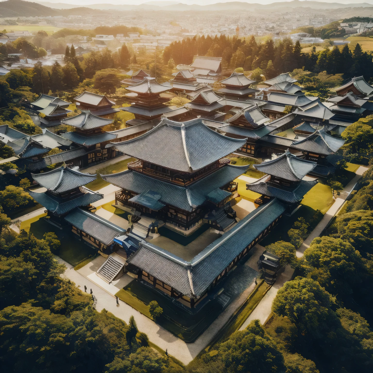 a view of a large building surrounded by trees and a mountain, japanese temples, japanese temple, japanese town, japanese city, ancient chinese architecture, kyoto inspired, ancient japanese architecture, shot from a drone, japanese village, shot from above, dreamy chinese town, cyberpunk japanese temple, japanese architecture, unsplash contest winning photo, zen temple background, by Raymond Han