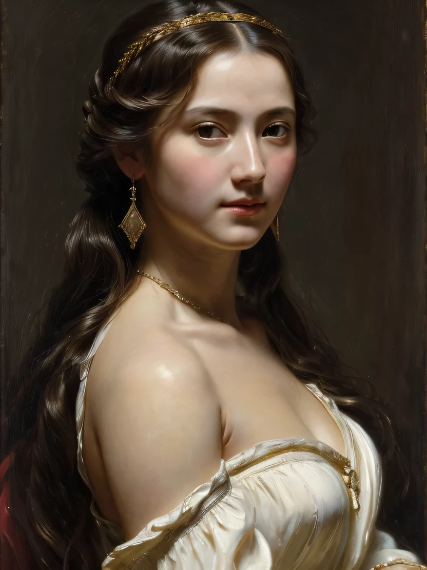 ((masterpiece、highest quality、Super detailed、High resolution、sharp focus、cinematic lighting))、(1 female、bust shot、face light))、western girl portrait、noble clothes、middle ages、Classicism、analog、realistic painting、Fine art、oil on canvas、original character、focus on face、((view audience))
