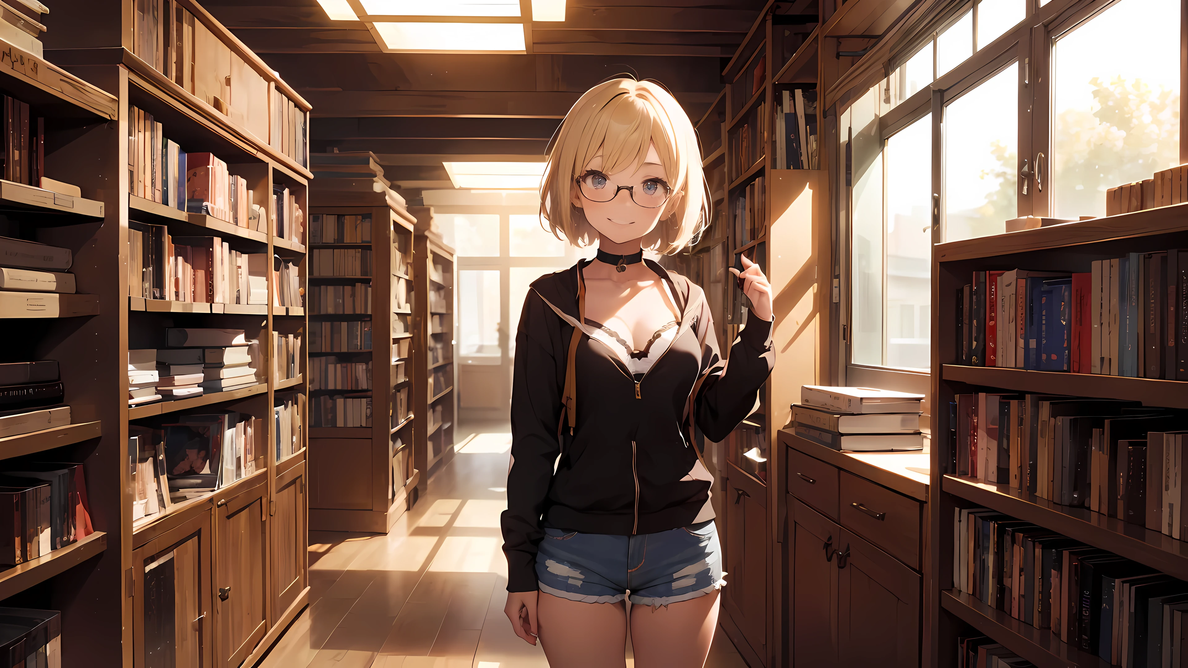anime girl, standing, library, bookcases, red bra, red panties, long blonde hair, seductive smile, 18 years old, small breasts, thin hips, tall, nighttime, dramatic lighting, Rembrandt lighting, cinematic lighting, evening, nighttime