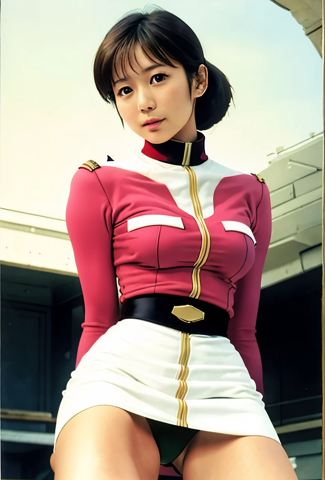 real photos、landscape in canvas、sunny、squatting down、Highest imYear quality、Beautiful woman、beautiful thighs、beautiful face、real imYear、federal army uniform miniskirt、ponytail、lift the skirt。、showing white panties、Yuriko Yoshitaka、16Year日本人女性、Mrs. Bowe、pretty girl、white pantiesが丸見え、1６Year、（white panties:1.3）、super mini skirt、beautiful thighs、white panties、赤いミニスカートがめくれてwhite pantiesが見えてる