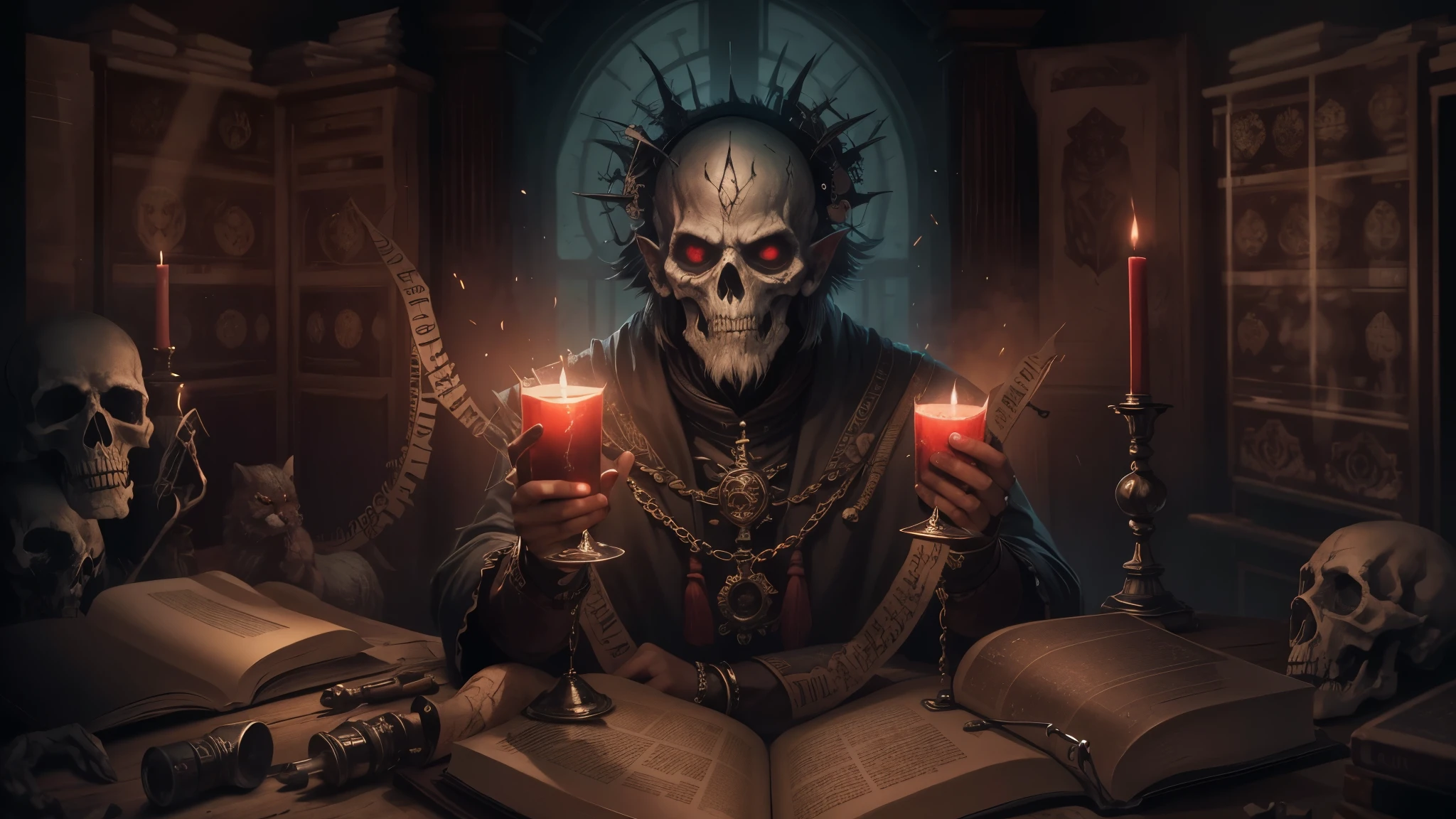 A warlock with (a book and a skull:1.4) wearing a (red robe:1.2), black shoes, a hat, and a ring, (casting a curse:1.4), looking (cunning and wicked:1.2)  ,