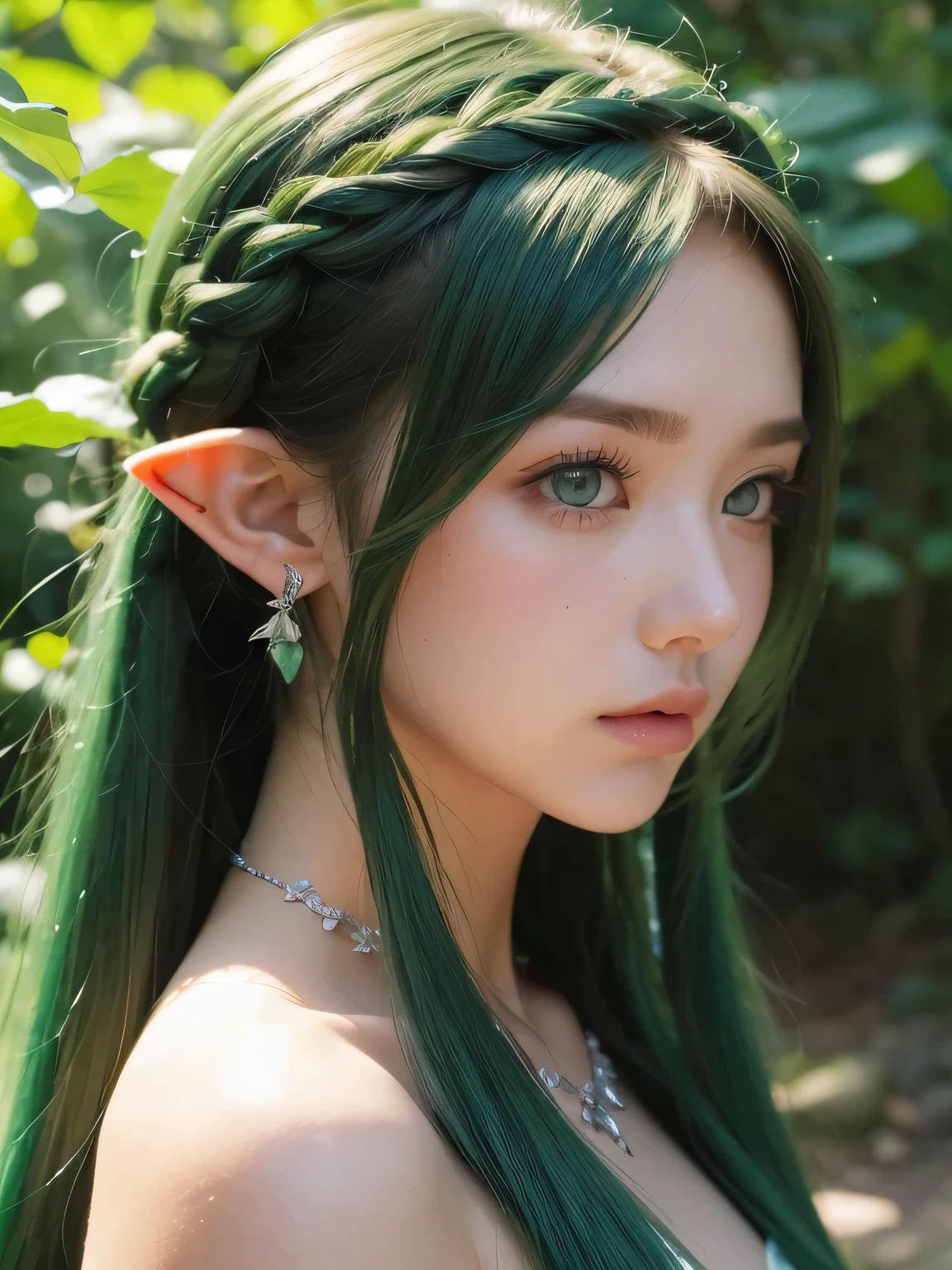 A fascinating and mysterious sorcerer emerges from the depths of a magical forest..., wears elaborate robes woven with intricate mystical symbols. Dense trees々々Soft sunlight shines in, A mysterious appearance that radiates an enchanting shine. 彼女の目は古世generationの知恵と魔法で輝いています, Delicate ivy vines and bright flowers々々々Intertwined with her flowing hair. in the background, Inhabited by mythical creatures and forest spirits,clavicle、earrings、necklace、emerald green hair、green eyes、 1 girl, delicate eyes, double eyelid,, necklace、close up of face、close up of face、２０generation、all green hair、green eyes、close up of face、elf ears、serious expression、eyes as big as possible&#39;i don&#39;t&#39;I don&#39;t see their white people..、Brown headband、Braid、random pose、twin tails、