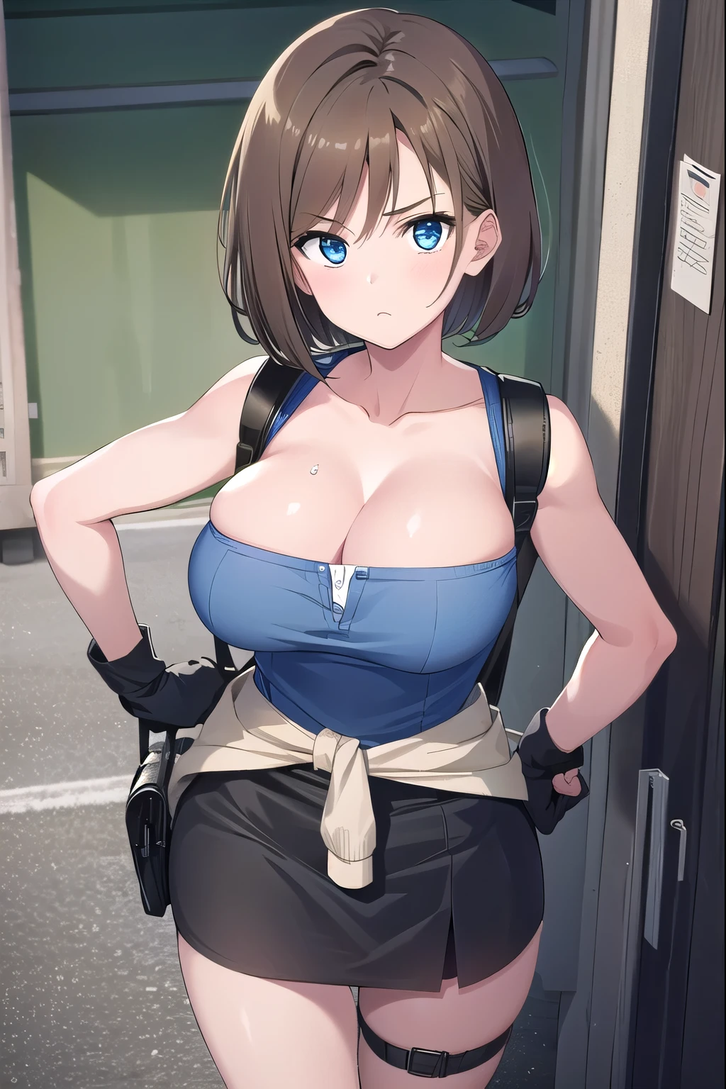 lots of zombies around,Jill, Jill・バレンタイン, 1 girl, big breasts,skirt, cleavage, Clothing around the waist, blue eyes, fingerless gloves, gloves, short hair, blonde hair, pencil skirt, sweater around waist, large 胸, holding,strapless,miniskirt, Tube top, black skirt, looking at the viewer, brown hair, boots, focus only, sweater, Are standing