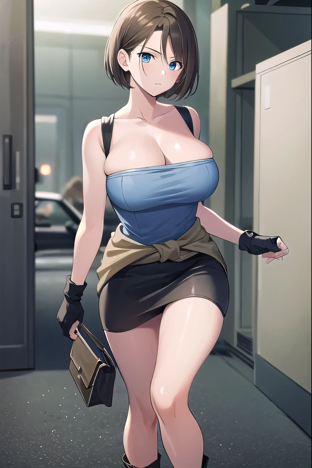 lots of zombies around,Jill, Jill・バレンタイン, 1 girl, big breasts,skirt, cleavage, Clothing around the waist, blue eyes, fingerless gloves, gloves, short hair, blonde hair, pencil skirt, sweater around waist, large 胸, holding,strapless,miniskirt, Tube top, black skirt, looking at the viewer, brown hair, boots, focus only, sweater, Are standing
