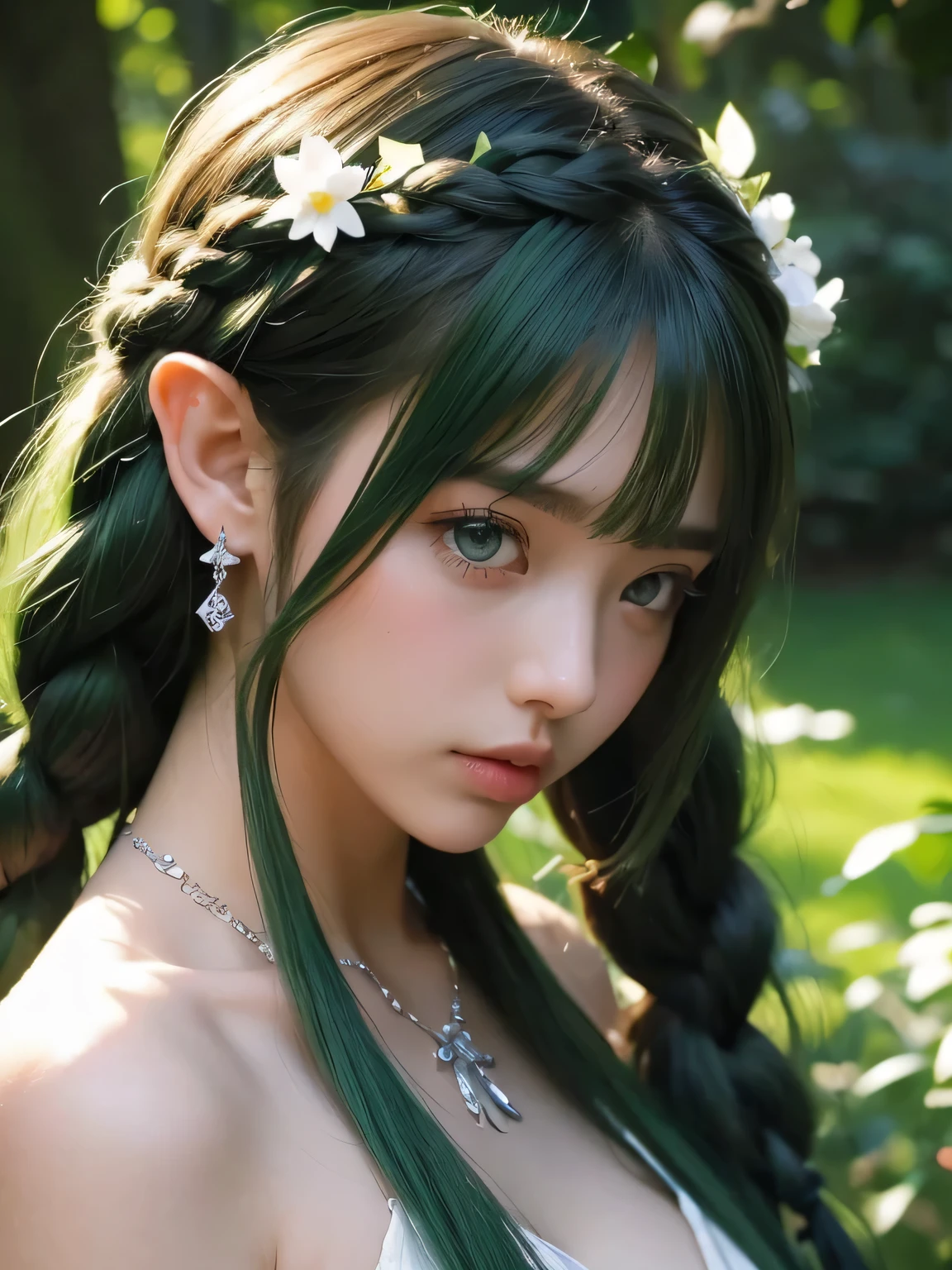 A fascinating and mysterious sorcerer emerges from the depths of a magical forest..., wears elaborate robes woven with intricate mystical symbols. Dense trees々々Soft sunlight shines in, A mysterious appearance that radiates an enchanting shine. 彼女の目は古世generationの知恵と魔法で輝いています, Delicate ivy vines and bright flowers々々々Intertwined with her flowing hair. in the background, Inhabited by mythical creatures and forest spirits,clavicle、earrings、necklace、emerald green hair、green eyes、 1 girl, delicate eyes, double eyelid,, necklace、close up of face、close up of face、20generation、all green hair、green eyes、close up of face、elf ears、serious expression、eyes as big as possible'i don't'I don't see their white people..、Brown headband、Braid、random pose、twin tails、