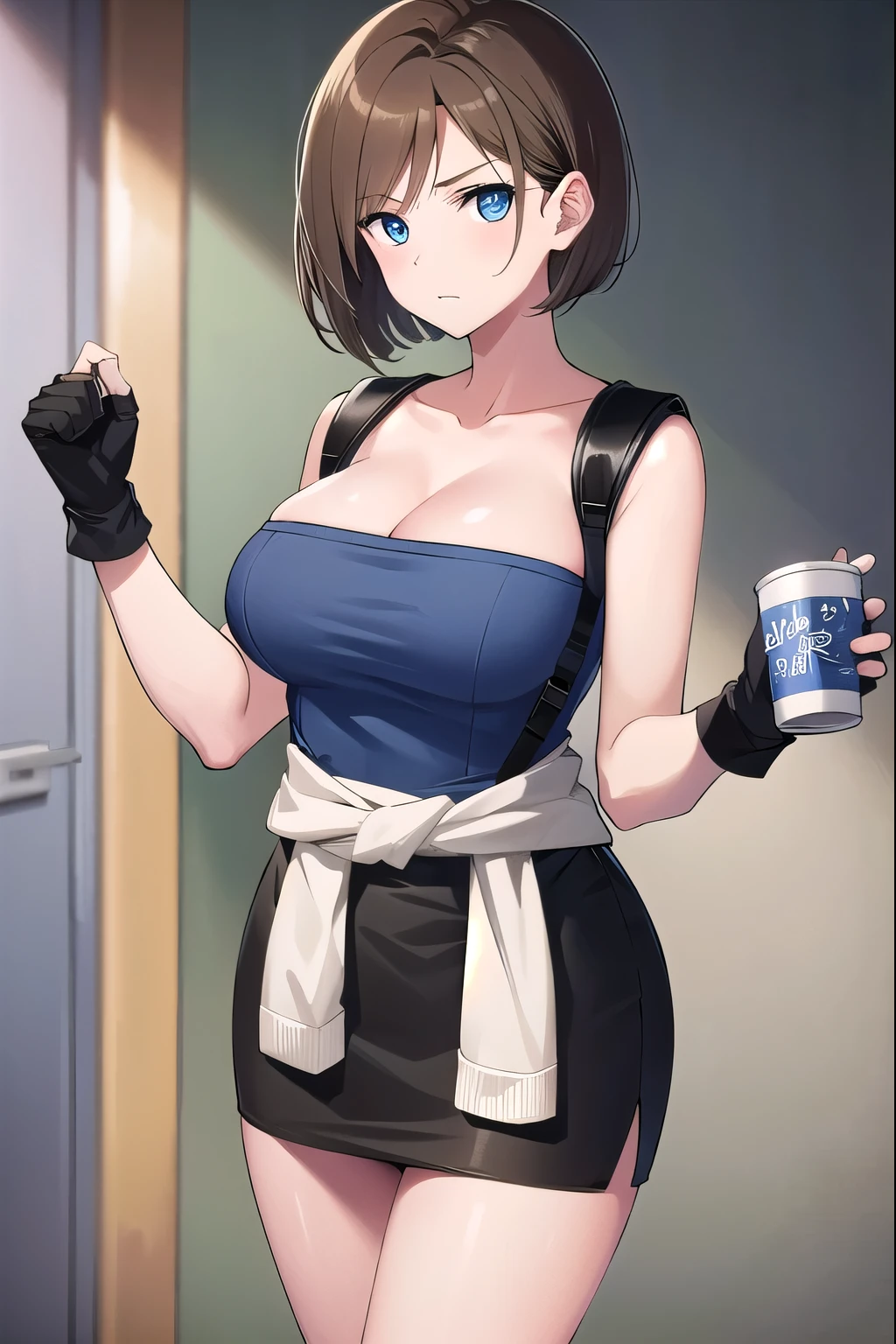 lots of zombies around,Jill, Jill・バレンタイン, 1 girl, big breasts,skirt, cleavage, Clothing around the waist, blue eyes, fingerless gloves, gloves, short hair, blonde hair, pencil skirt, sweater around waist, large 胸, holding,strapless,miniskirt, Tube top, black skirt, looking at the viewer, brown hair, boots, focus only, sweater, Are standing