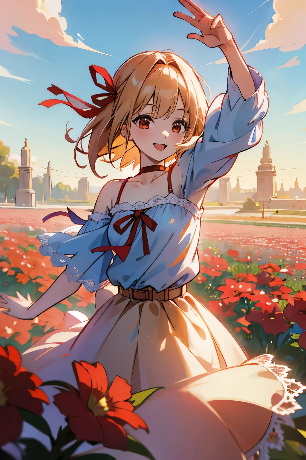 1 girl, chisato nishikigi, gold hair, red eyes, fantasy world, ruins, folk, beautiful sky, shining sky, sunshine, flower garden, smiling, waving, belt, ribbon choker, black choker, ribbon, hair ribbon, wind blowing dress, lace dress, blue camisole, white sweater, half-sleeves, off-shoulder sleeves