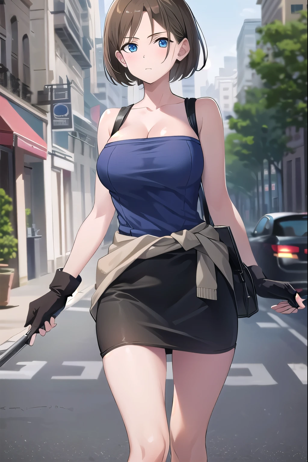 lots of zombies around,Jill, Jill・バレンタイン, 1 girl, big breasts,skirt, cleavage, Clothing around the waist, blue eyes, fingerless gloves, gloves, short hair, blonde hair, pencil skirt, sweater around waist, large 胸, holding,strapless,miniskirt, Tube top, black skirt, looking at the viewer, brown hair, boots, focus only, sweater, Are standing
