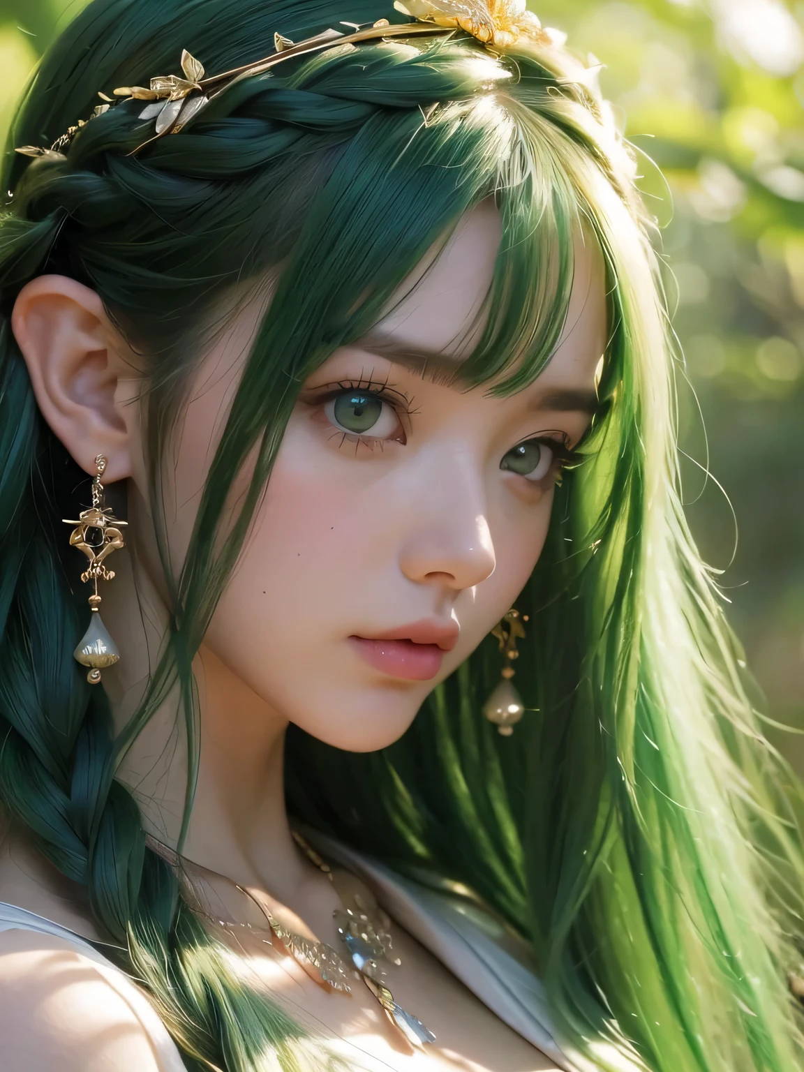 A fascinating and mysterious sorcerer emerges from the depths of a magical forest..., wears elaborate robes woven with intricate mystical symbols. Dense trees々々Soft sunlight shines in, A mysterious appearance that radiates an enchanting shine. 彼女の目は古世generationの知恵と魔法で輝いています, Delicate ivy vines and bright flowers々々々Intertwined with her flowing hair. in the background, Inhabited by mythical creatures and forest spirits,clavicle、earrings、necklace、emerald green hair、green eyes、 1 girl, delicate eyes, double eyelid,, necklace、close up of face、close up of face、20generation、all green hair、green eyes、close up of face、elf ears、serious expression、Brown headband、Braid、random pose、Doret Hair、