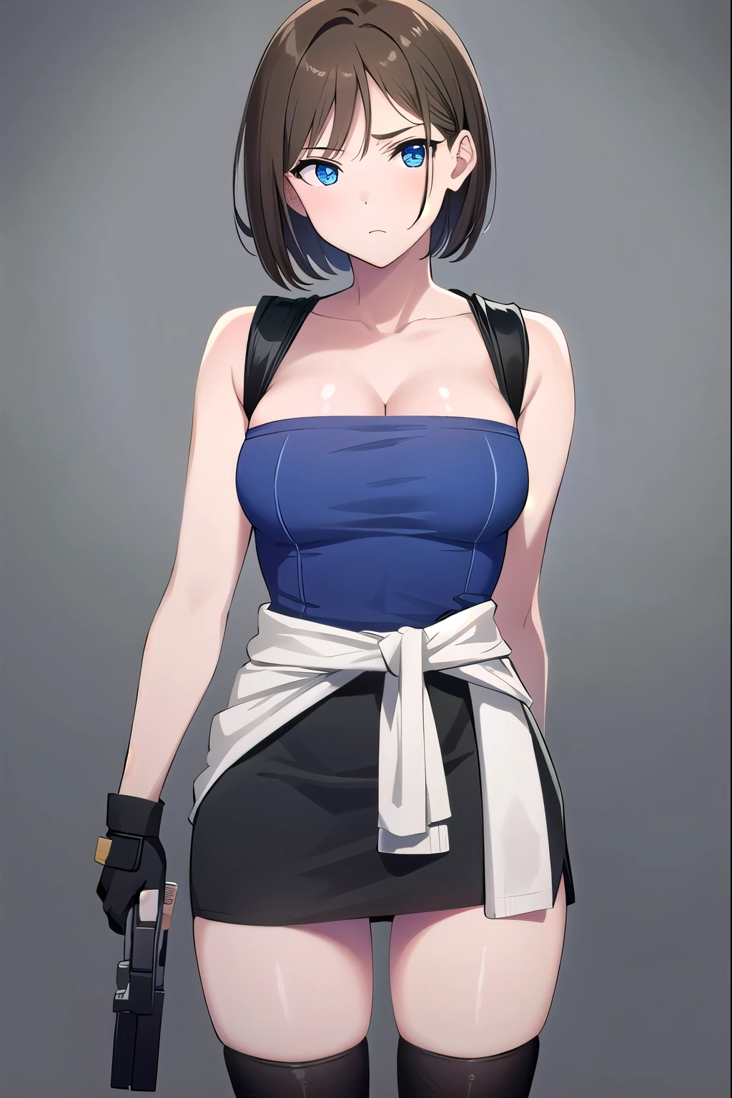 周りに大勢のzombie,Jill, Jill・バレンタイン, 1 girl, chest, arms, gun, skirt, cleavage, Clothing around the waist, blue eyes, fingerless gloves, gloves, short hair, zombie, blonde hair, clock, pencil skirt, sweater around waist, large chest, holding, wristclock, strapless, holding arms, miniskirt, holding gun, handgun, Tube top, black skirt, looking at the viewer, brown hair, lips, boots, focus only, sweater, monster, Are standing
