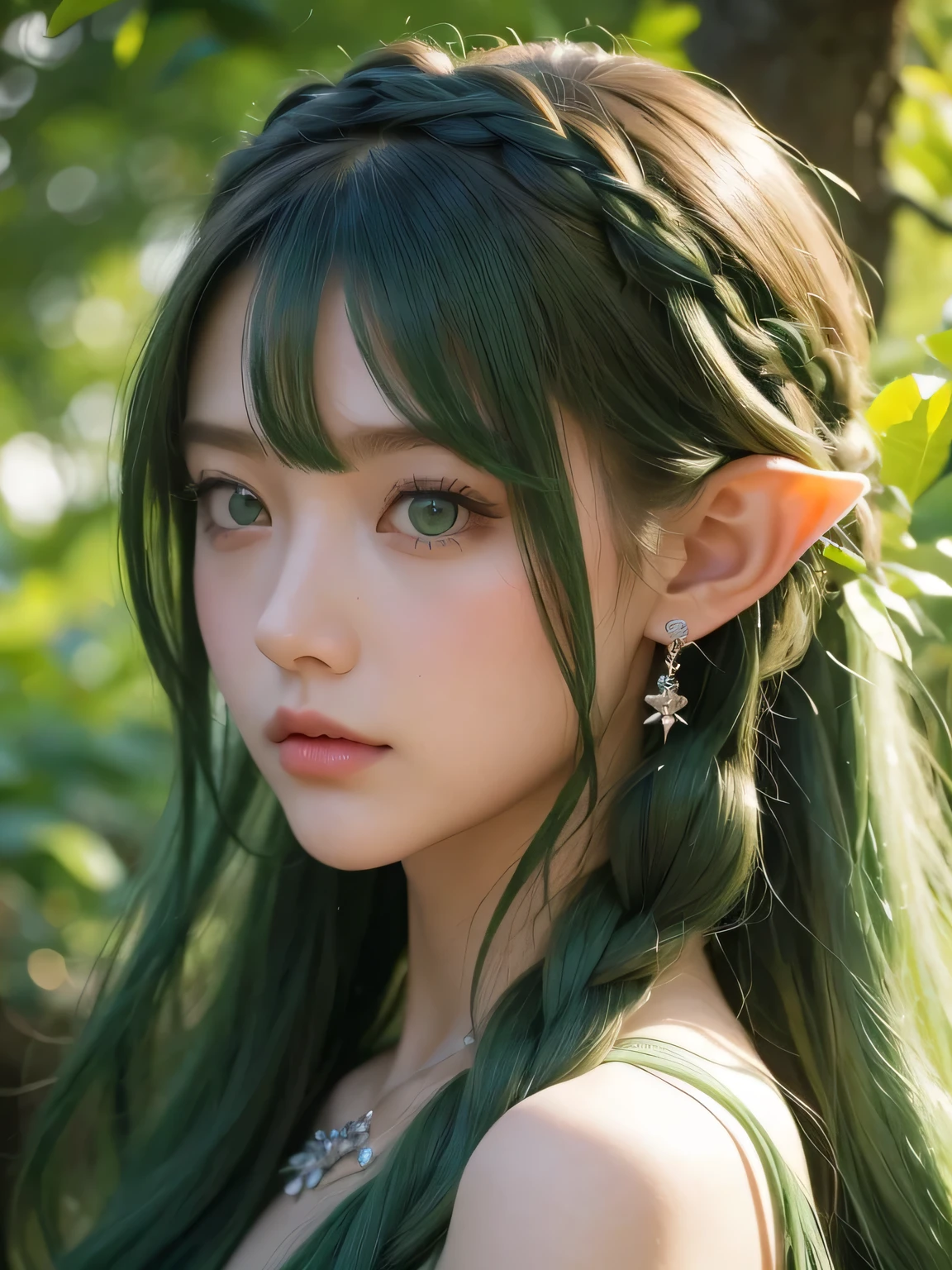 A fascinating and mysterious sorcerer emerges from the depths of a magical forest..., wears elaborate robes woven with intricate mystical symbols. Dense trees々々Soft sunlight shines in, A mysterious appearance that radiates an enchanting shine. 彼女の目は古世generationの知恵と魔法で輝いています, Delicate ivy vines and bright flowers々々々Intertwined with her flowing hair. in the background, Inhabited by mythical creatures and forest spirits,clavicle、earrings、necklace、emerald green hair、green eyes、 1 girl, delicate eyes, double eyelid,, necklace、close up of face、close up of face、２０generation、all green hair、green eyes、close up of face、elf ears、serious expression、Brown headband、Braid、random pose、Doret Hair、