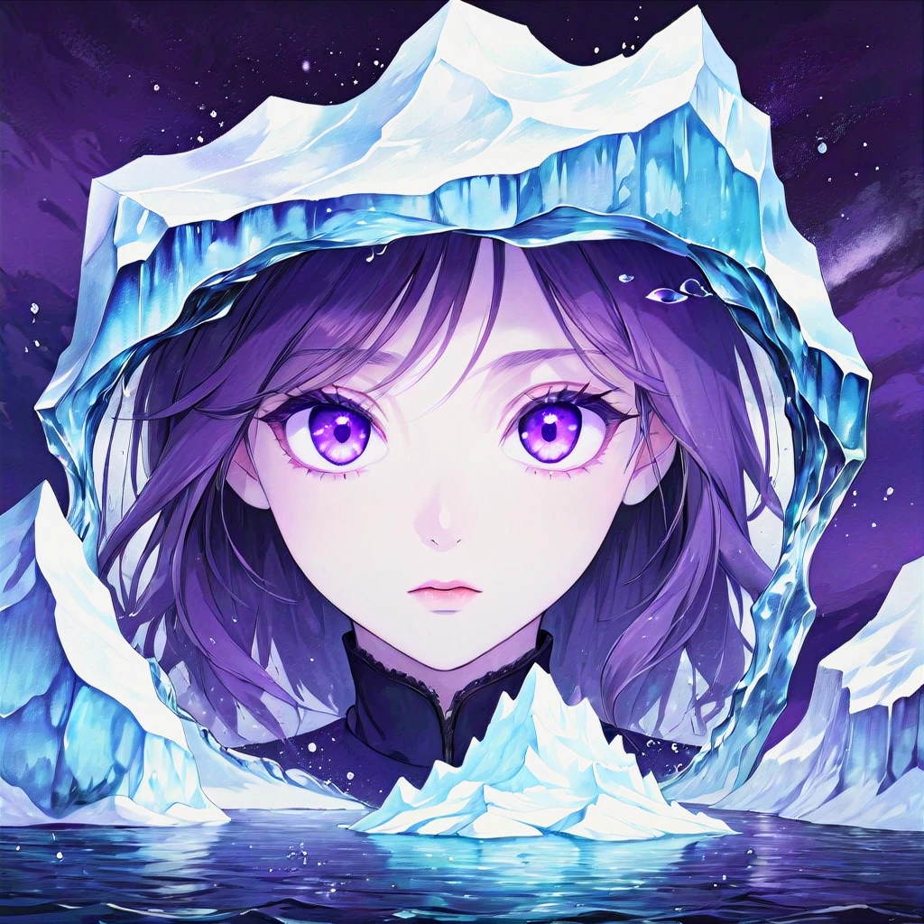 iceberg come alive with violet eyes in calotype print art style
