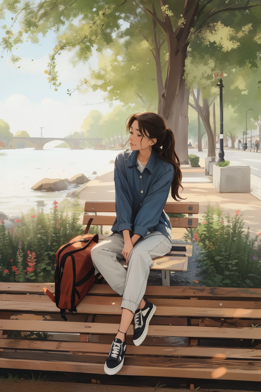 A woman puts down her backpack on a park bench and sits on a wooden bench, casual clothing style, at the park, beautiful pictures, Designed for a cozy aesthetic!, Giovanna Ricalo, Refined, Sitting by the river, she'I'm wearing streetwear, casual pose, wearing a flannel shirt, 🚿🗝📝, flannel, female streetwear blogger, sitting on a park bench