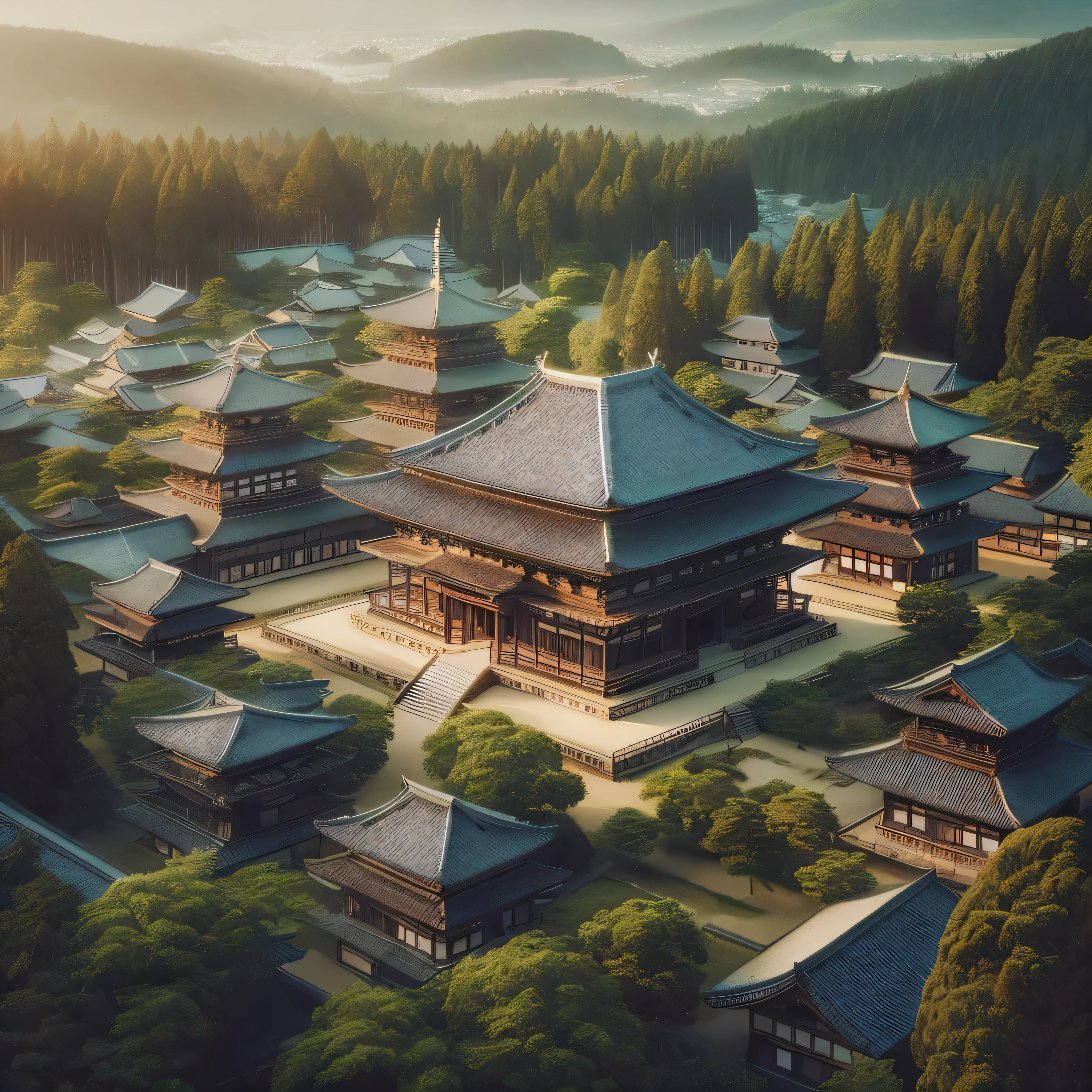 arafed view of a large building surrounded by trees and mountains, japanese temples, cyberpunk japanese temple, japanese temple, beautiful render of tang dynasty, japanese village, japanese town, zen temple background, japanese city, andreas rocha style, ancient japanese architecture, dreamy chinese town, 3 d render beeple, artem demura beeple