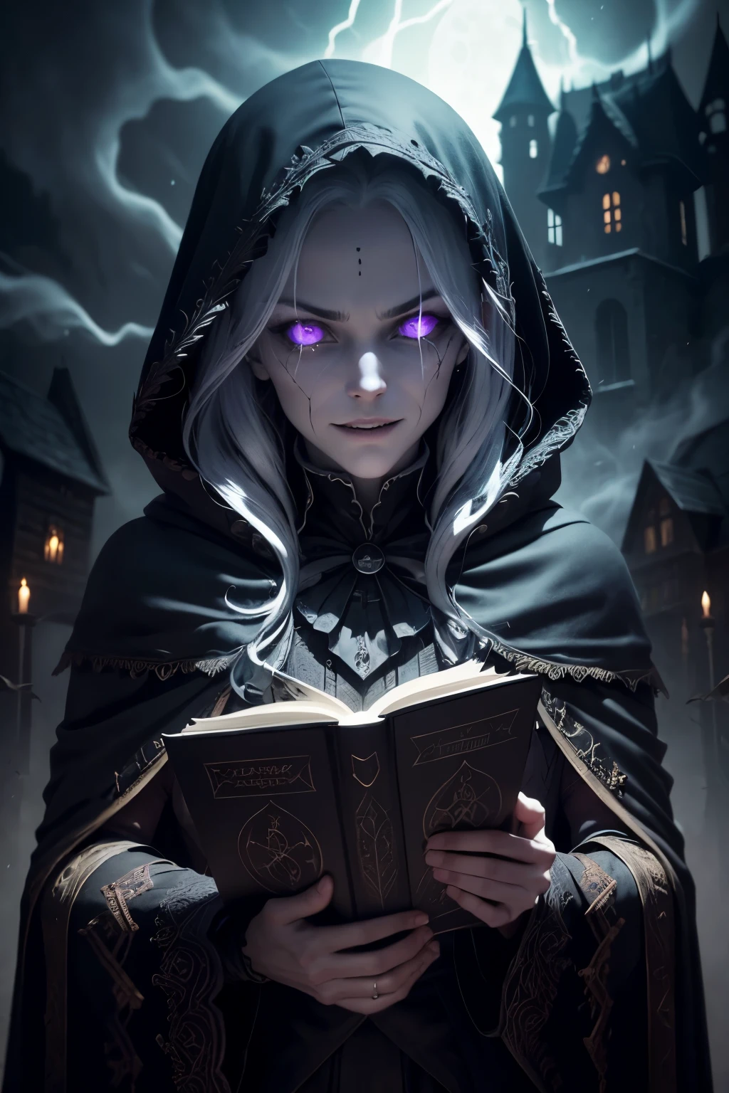 evil old count in a library, dark magic, ancient spellbook, swirling smoke, menacing smile, mysterious cloak, glowing eyes, eerie atmosphere, lightning, imposing castle, stormy night, twisted staff, enchanted book shadows threatening, flying bats, cackling laughter, spells, magic potions, hidden lair, mystical powers, sinister intentions, malevolent aura, disturbing presence, black magic, engraved runes, cursed artifacts, secret rituals, supernatural energy, corrupted souls, twisted creatures, forbidden knowledge, shrouded in darkness, ethereal glow, sinister whispers, nefarious plans, ghostly apparitions, ominous prophecies, enchanted victims, evil sorcery, supernatural forceasterpiece), best quality, expressive eyes, perfect face