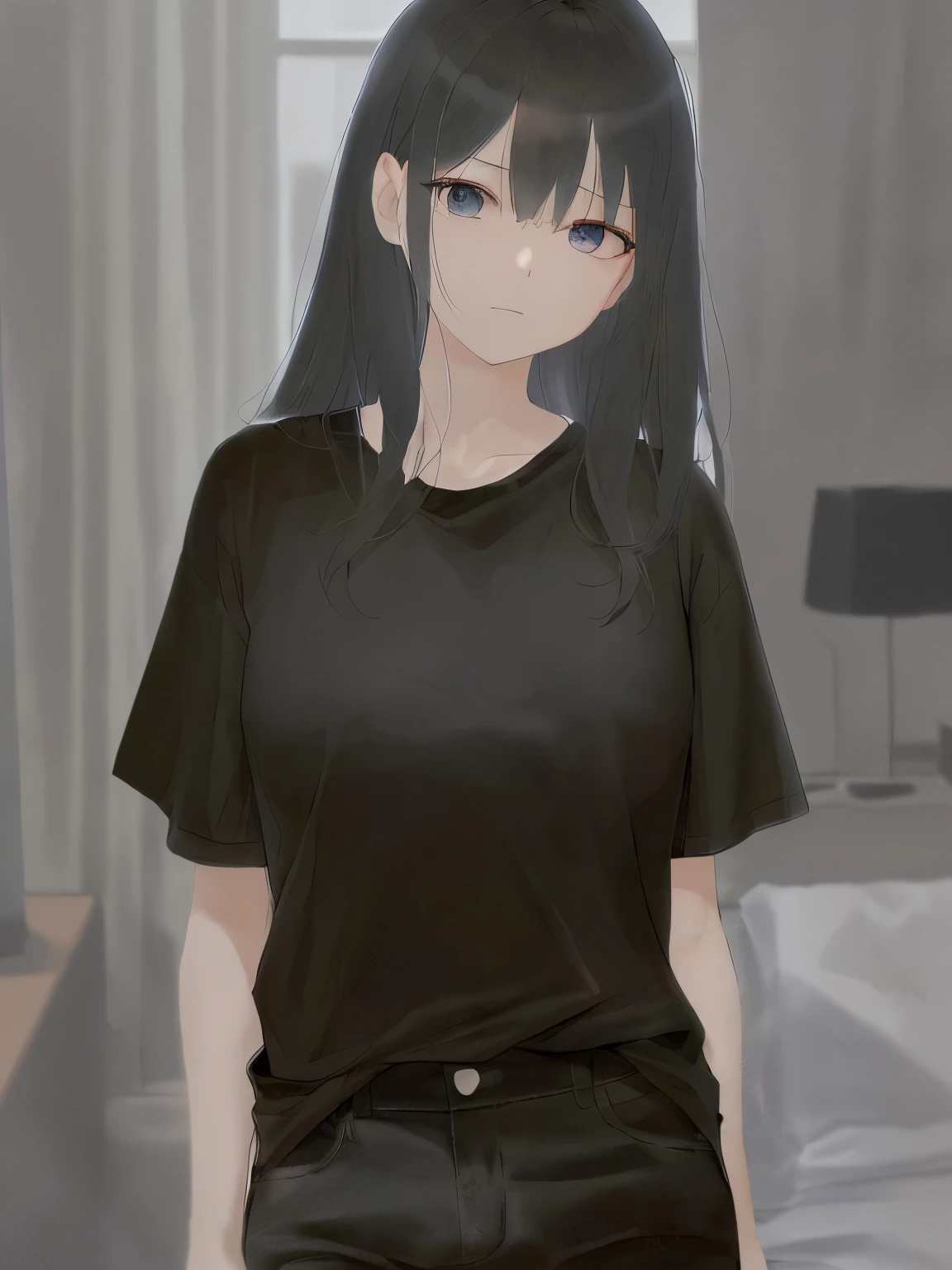 ((La mejor calidad)), ((Obra maestra)), (Detallado), Cara perfecta, sexy, cabel negro, pose sexy, Cabello largo, flaco, ojos azules, Camiseta