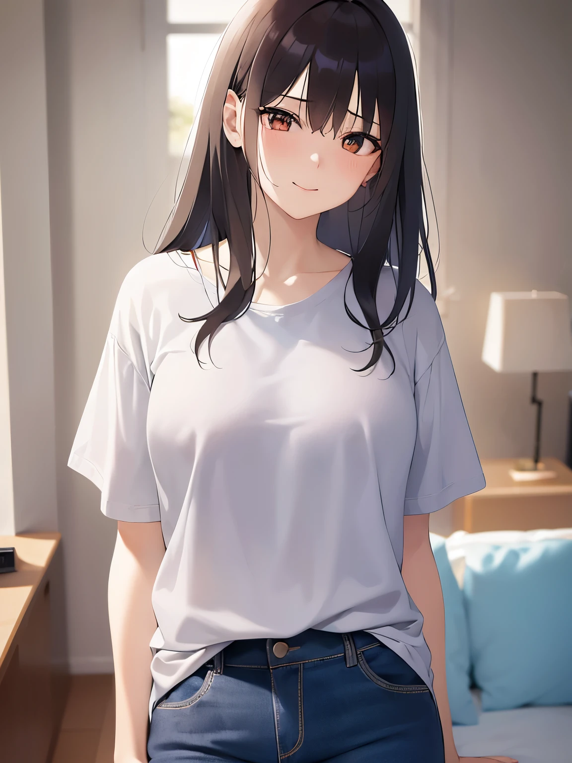 Tilting head、Upper Body, Realistic, real person, (pale skin: 1.2), RAW shiny skin, japanese idol、shiny hair、(25 year old woman with medium hair with bangs) and (wavy hair) and (brown hair) and (orange eyes) , BREAK (black) and (plain t-shirt) and (oversize) 、(sad:1.2), smile, The background is the living room、Alone、Are standing