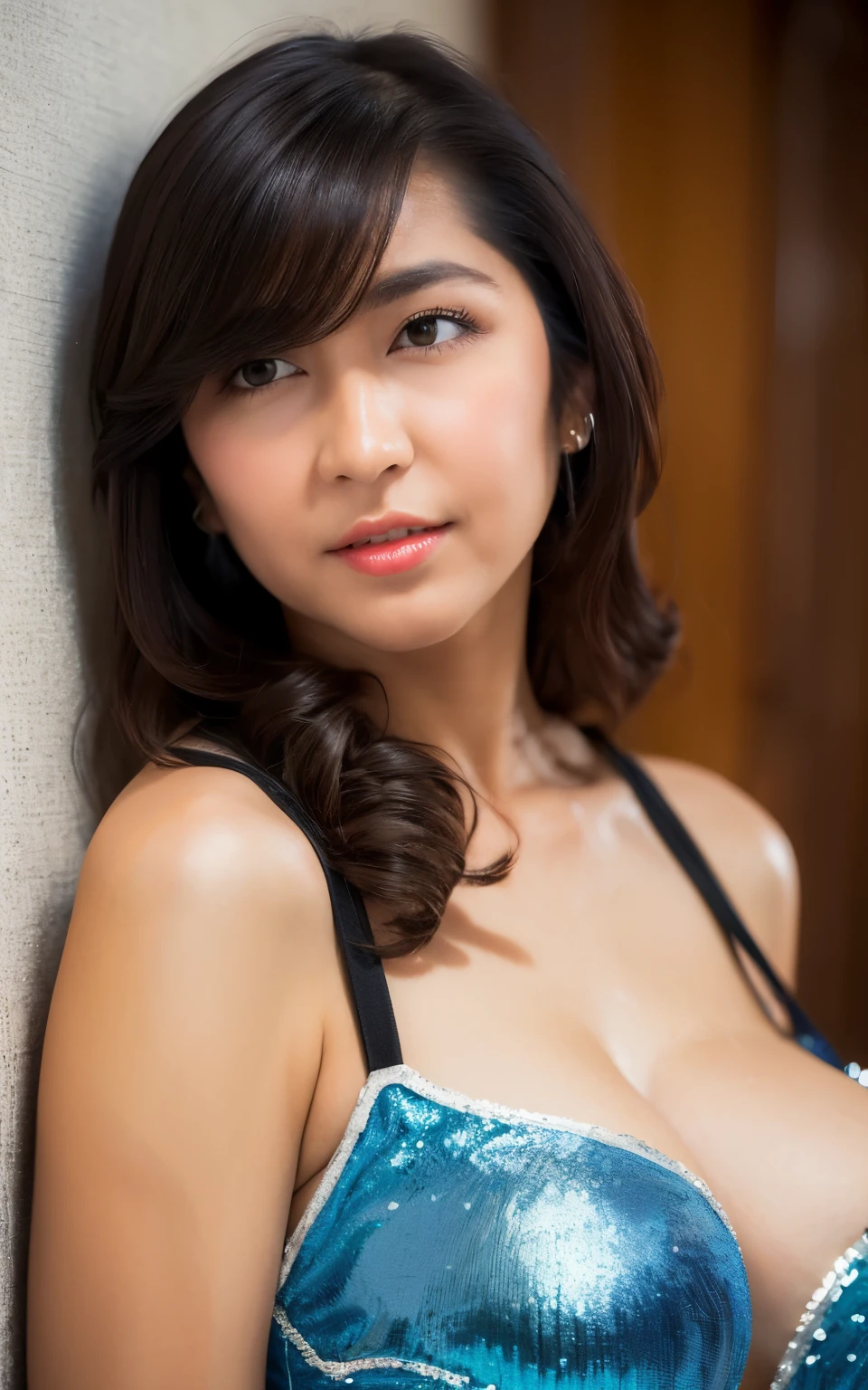 Highly detailed CG Unity 8k wallpaper, of the highest quality, super detailed, masutepiece, Realistic, photos realistic, extremely detailed cute girl, 25 years old, (huge breasts:1.4) , cleavage , (Samba Carnival Dancer, Samba Carnival Wear:1.2) , , Round eyes, viewer , Parted lips, Smile , orange lipstick, (potrait body), black eyes, (looking at viewer), (bedroom background), indoor, busty