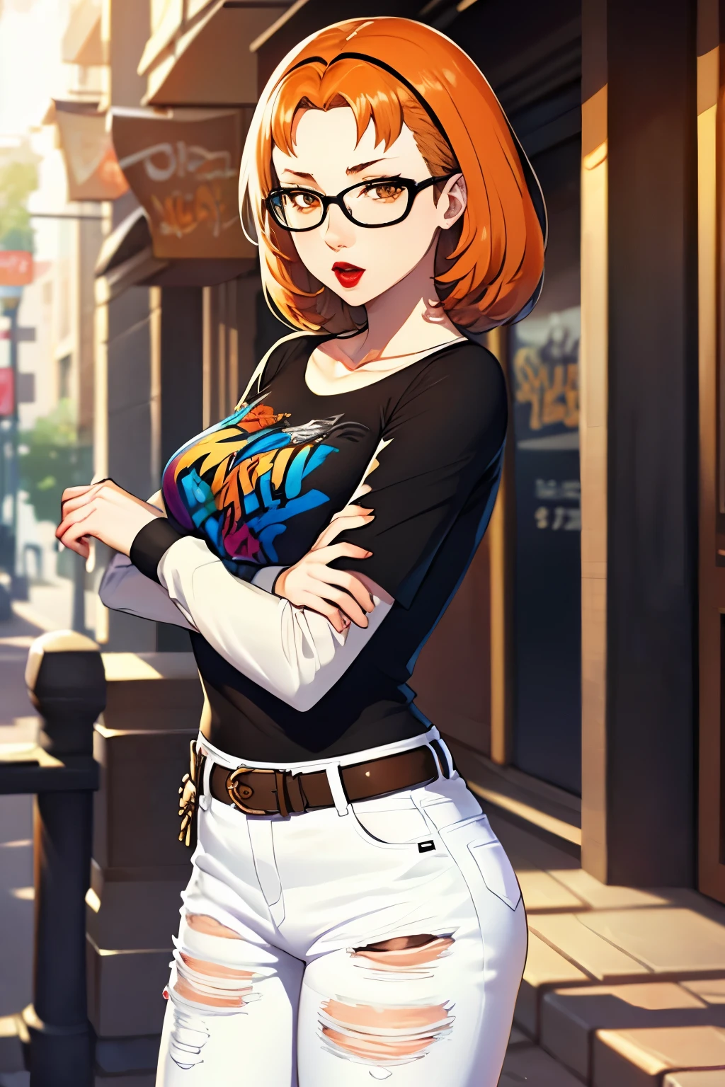 annette_war ,glossy lips, light makeup ,orange hair ,1girl, solo, standing, black t-shirt, white shirt, jeans, belt, lipstick, eyewear on head,
