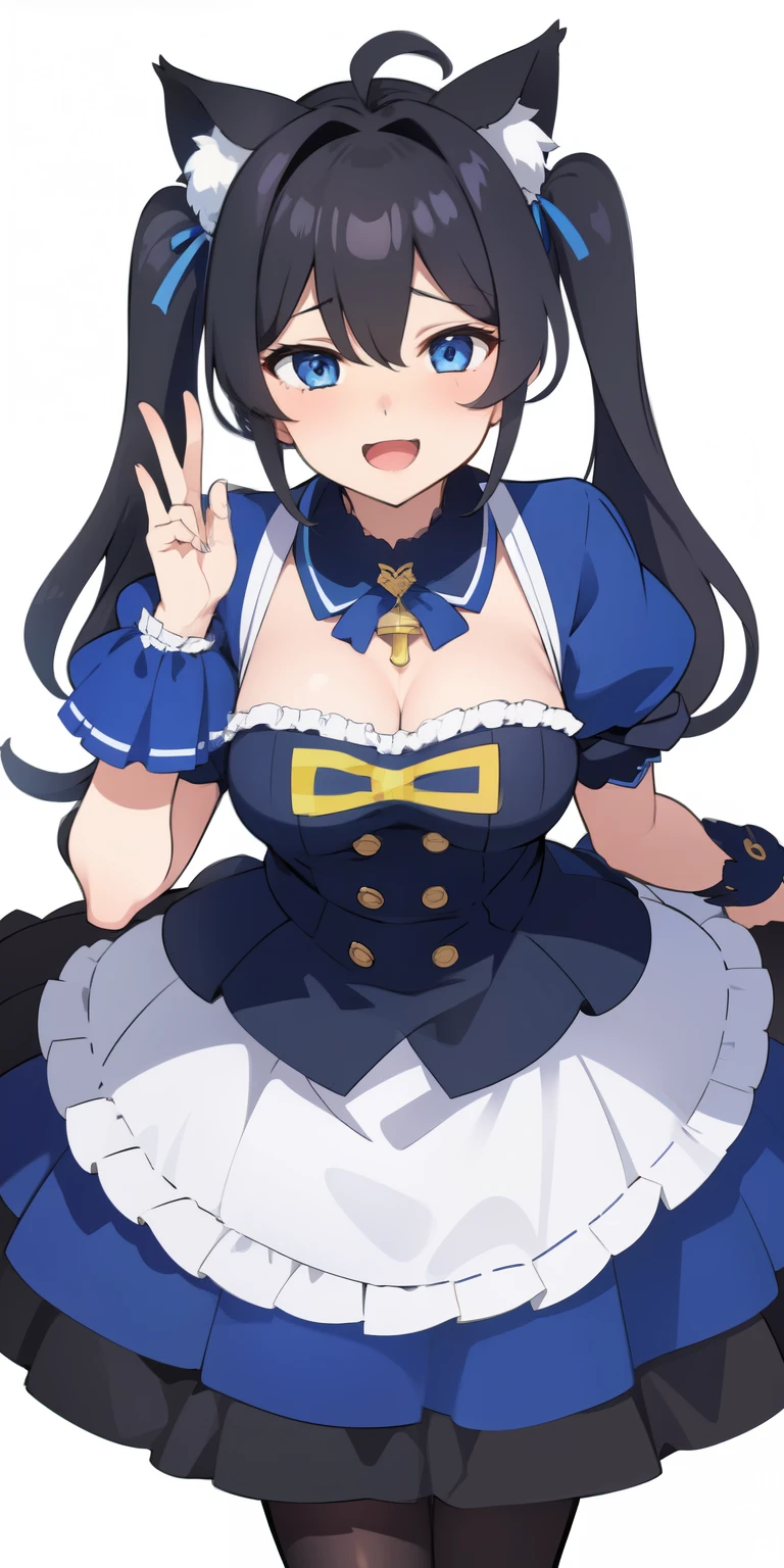 on lap,((((upright)))), ((((stand up)))), looking at the viewer, simple background、white background, 1 girl, open your mouth, smile, Virtual YouTuber、with a girl、((highest quality, expensive_solve, clear_image)),(black hair), (black cat ears), (Ahoge), (ridiculously short hair), (wavy hair),twin tails (blue eyes),、laughter、very big breasts、((concept art))、((front))、I can see the cleavage、Dressed sexy