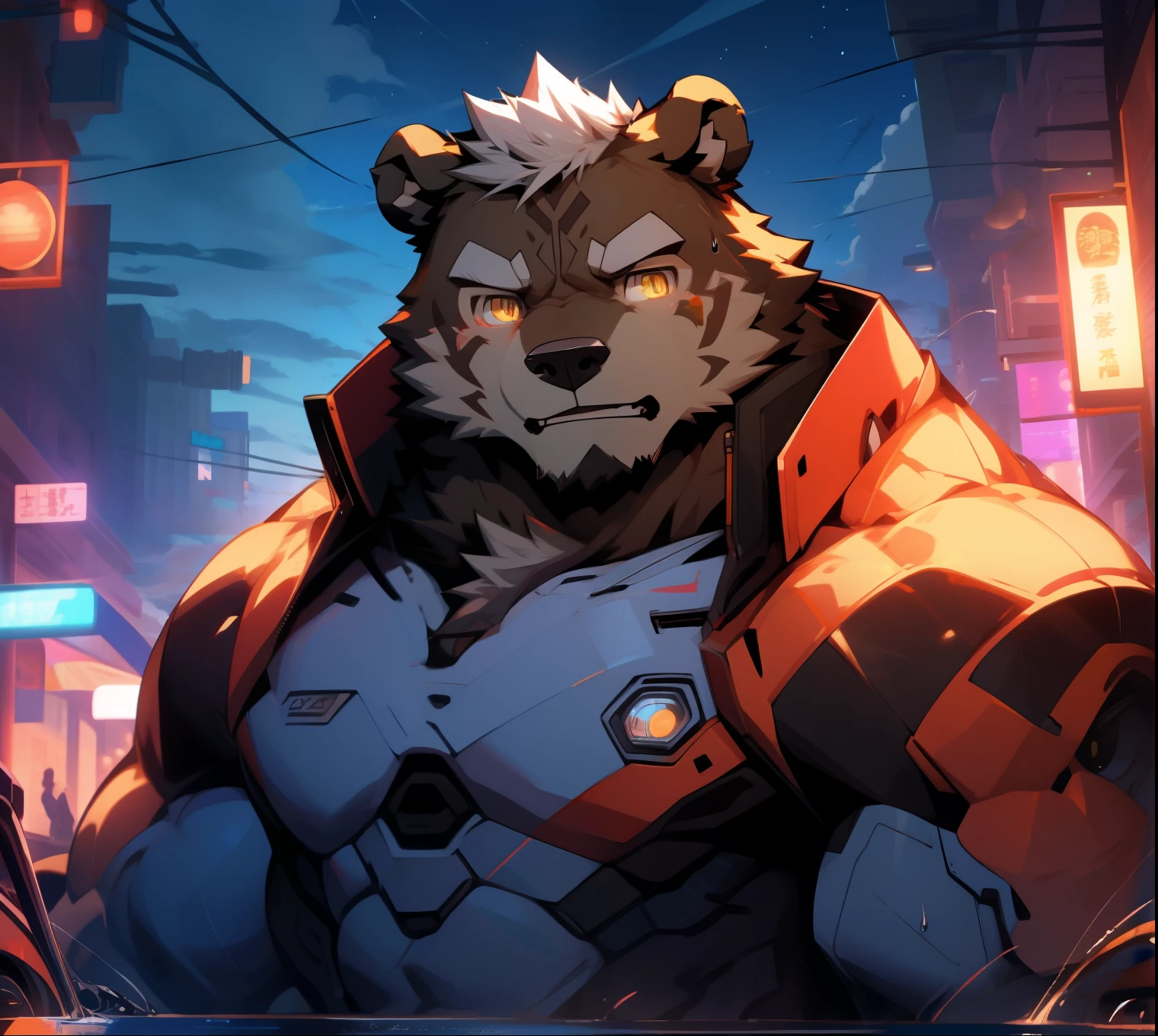 masterpiece,night,Anthropomorphic bear,(((white hair))),male,26 years old,thick eyebrows,Light-colored fur,Strong body,Large pecs,(((nude,Red and white future mecha suit))),in city street,,dark night,Light,sweating,Black liquid crawls on upper body and drips black liquid,panicked,Emotional stress,looking towards the viewer,anger,Fear,golden pupils,big eyes,Strong,Lying on the bed 在街道,full body image,The sky is clouded over,cloudy day,green plants,street lamp,Tall building,car,(((background:bustling street 1.5))),(((Detailed character description))),