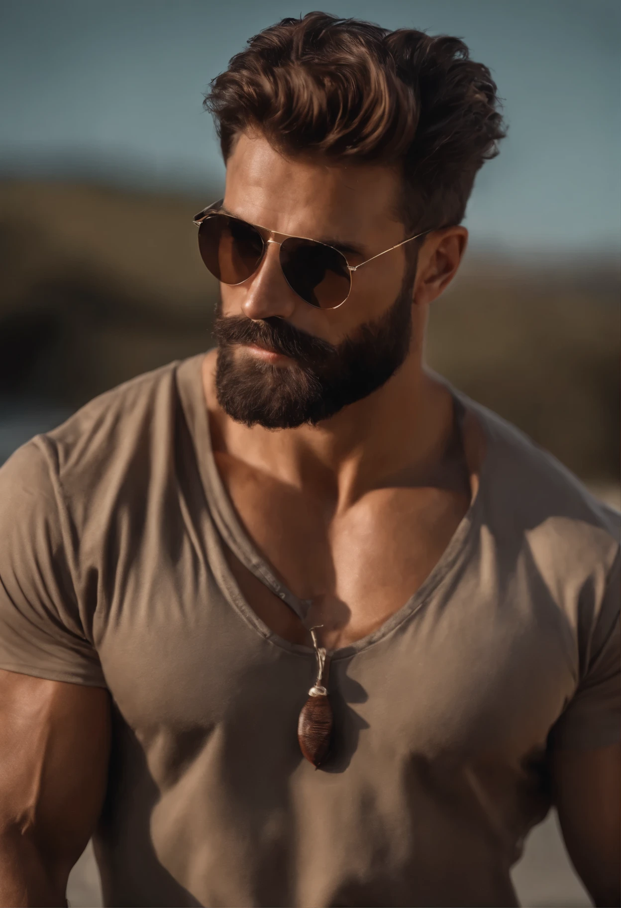 (La mejor calidad,8k,realista),Hombre guapo,conpequena barba,machista,ojos color maron,brown hair,good muscles,no camisa