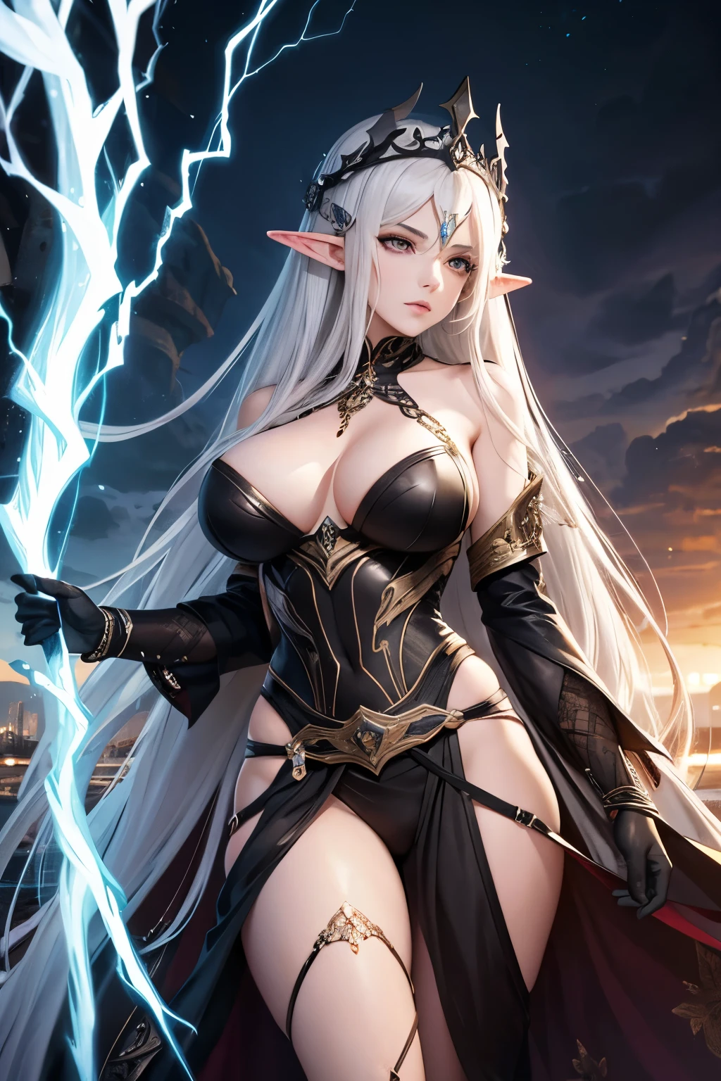 Female dark elf, 1girl, mature woman, masterpiece, elf queen, lover, goddess, realistic, long white hair, white eyebrow, yellow eyes, thin lips, round face, huge breasts, realistic shading, soft lightning, hdr, 8k, absurd, high quality, insane detail, body accessories, stylish, wallpaper