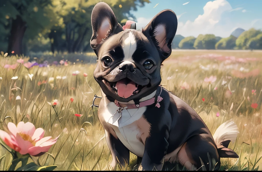 ,(Masterpiece:1.2, high quality),
bug, no humans, butterfly, open mouth, flower, looking up, brown eyes, animal focus, fangs, animal, outdoors, black french bulldog, grass, pink flower, day, zipper, french bulldog playing
 