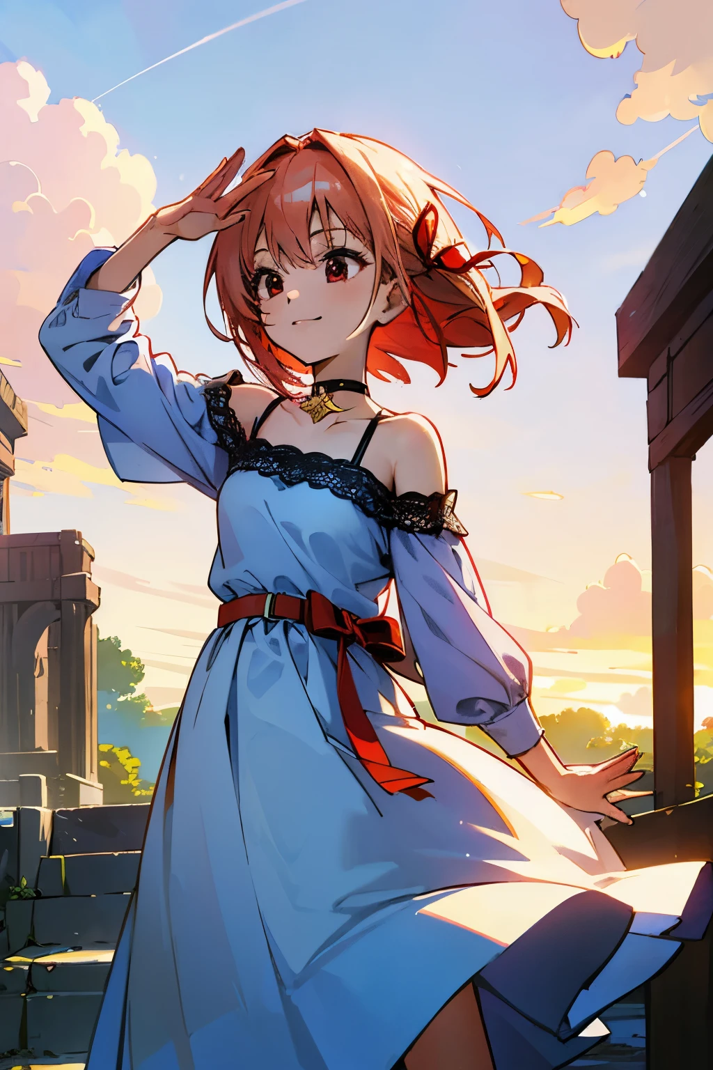 1 girl, chisato nishikigi, gold hair, red eyes, fantasy world, ruins, folk, beautiful sky, shining sky, sunshine, smiling, waving, belt, ribbon choker, black choker, ribbon, hair ribbon, wind blowing dress, lace dress, blue camisole, white sweater, half-sleeves, off-shoulder sleeves