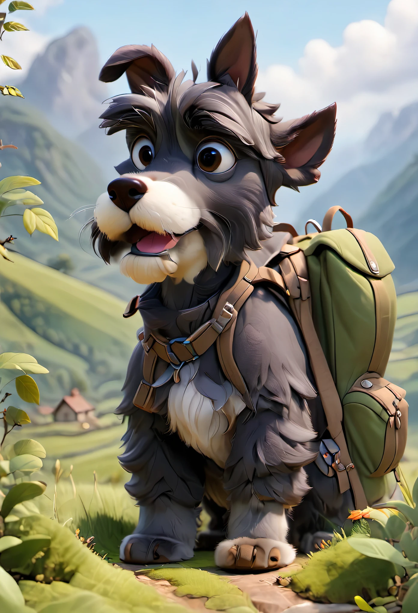 an adventurous schnauzer through the countryside with a backpack on his back