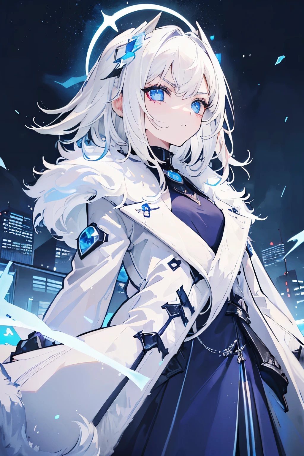 masterpiece, best quality, ((((1maturegirl)))), (colorful),(finely detailed beautiful eyes and detailed face),cinematic lighting,extremely detailed 8k wallpaper, sky, cloudy_sky, building, moonlight, moon, night, (dark theme:1.3), light, fantasy, (((Only one character))), 1 girl, female, (((white hair))), (((blue eyeedieval but technological, Serene expression, ((Serious)) ice powers ((body)) (medium hair) ((Overcoat with Fur on Neck)) ((flat ))