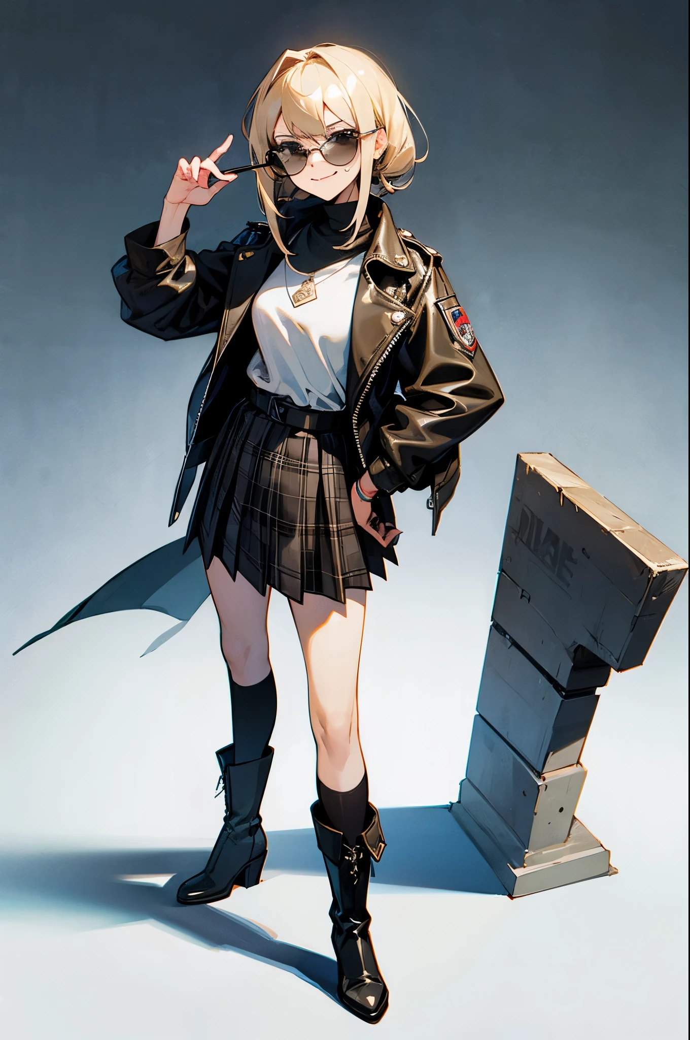 ((Masterpiece, best quality,edgQuality)), smug,smirk, edgADC_fashion, blonde Nadia with sunglasses and a choker,leather jacket, plaid skirt, turtleneck,leather boots ,wearing edgADC