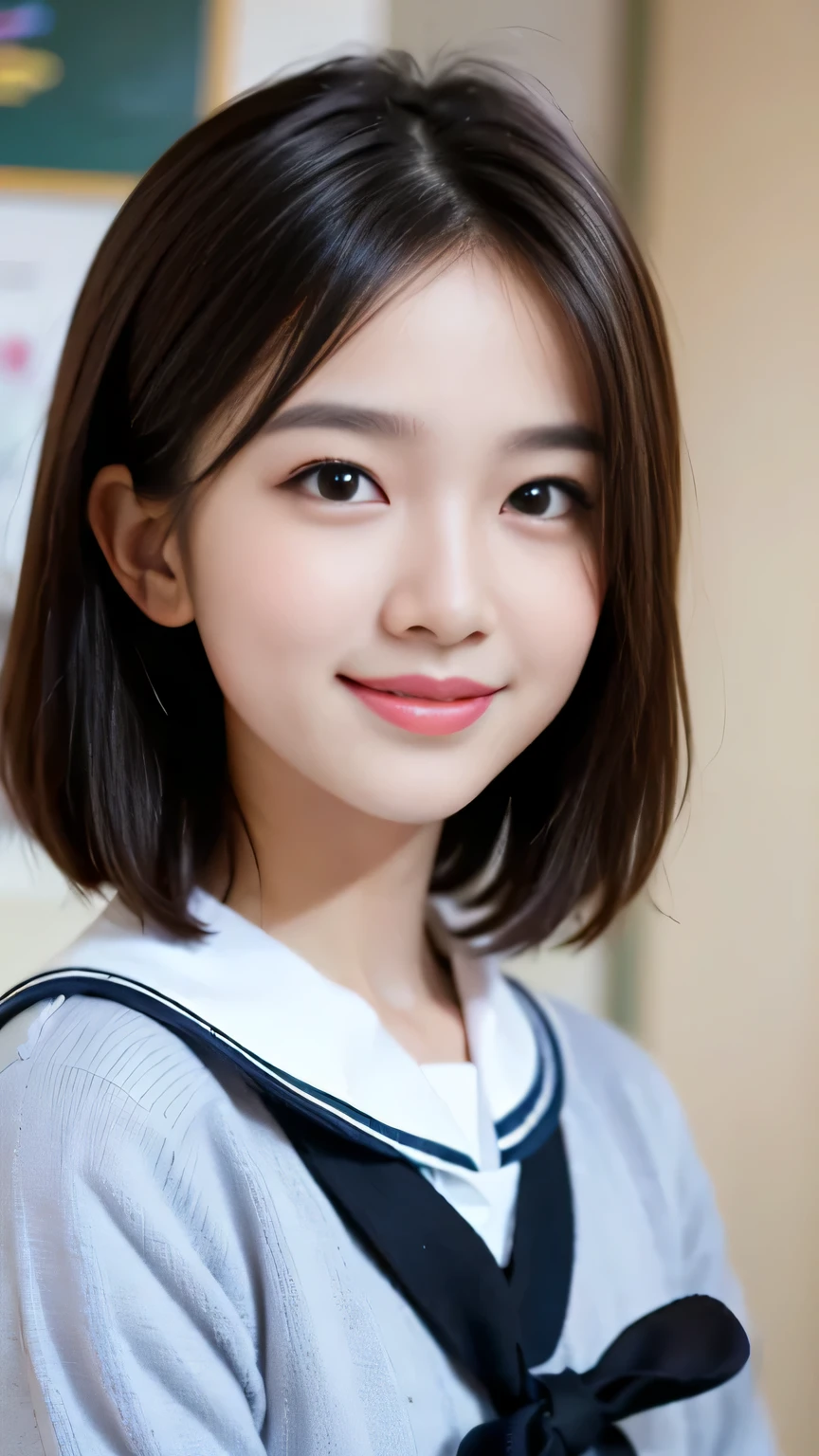 muste piece、best quality、illustration、 Super detailed、fine details、 High resolution、8K Dende Wallpaper、perfect dynamic composition、15 year old cute junior high school girl、sweet girl、detailed beautiful face、detailed cute eyes、textured skin、modest smile、short cut hair、small breasts、school sailor uniform、